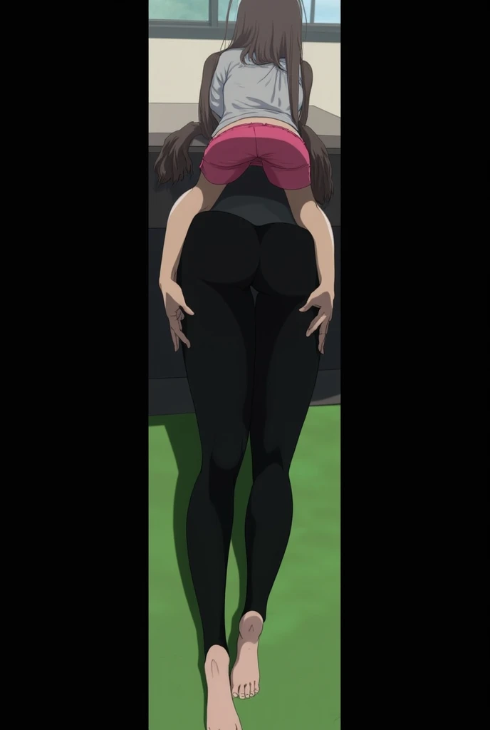 Koyomi Mizuhara, brown hair, long hair, glasses, nose, white gym shirt, red tight biker shorts/White high cut thong over biker shorts, black high socks, shoes, medium breasts, wallpaper, luscious lips, curvy waistline, view from behind, standing, 90’s photo shoot, looking at viewer, evil smirking, tongue out, firm ass, athletic babe, abs, hands behind her back