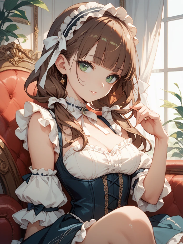 Lisa, GenshinImpact, 1girl in, Solo, breasts, cleavage, hair between eye, hair messy, Large breasts, Long hair, Looking at Viewer, Brown hair, red short nails, Green eyes, Solo, thighs thighs thighs thighs, ((masutepiece)), maid dress, meidofuku, maid, Skirt, stockings, bow ribbon, Maid Uniform, Sitting, Bedroom, bed, PILLOWS, window, nigh sky, blush, Shy, Smile, Sexy Pose,