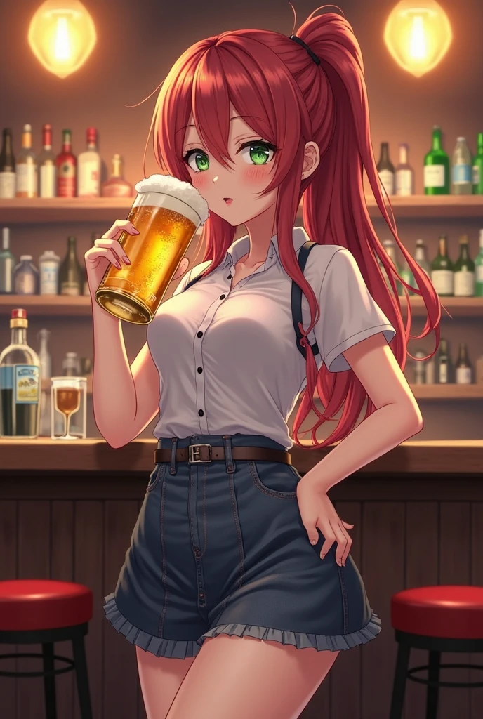masterpiece, ultra high quality cg, best quality, sara valestein, yellow jacket, blue dress, choker, belt, thigh boots, bar, beer in hand, smile, blushing
