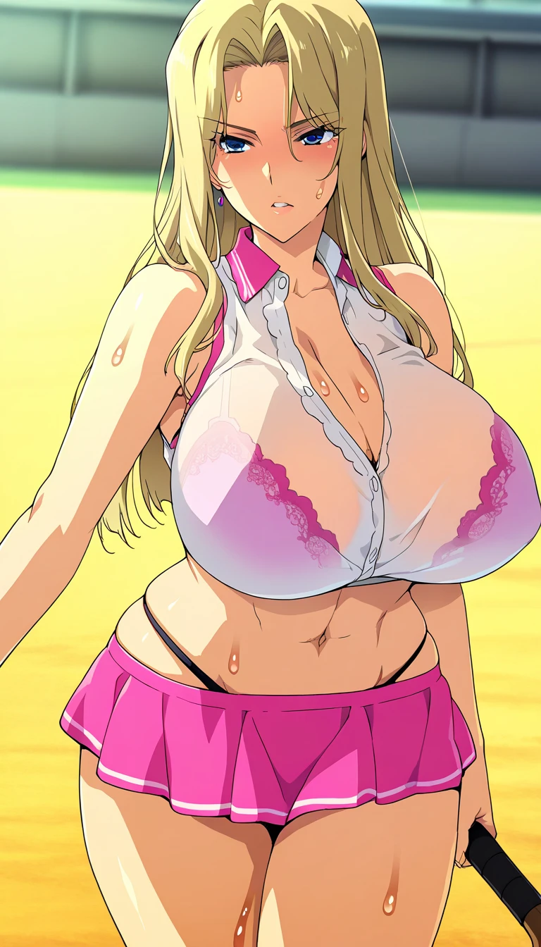 (Reiko Akimoto), (sexy bikini), embarrassing big smile, (masterpiece, best quality), delicate illustration ultra-detailed, (((sagging gigantic huge breasts))), (standing, water park, crowded), (((showing hairy armpit hair))), ((upper body only)), sweating, hairy stomach hair, bukkake, cum shot, hentai atmosphere, blonde, huge hip, (dark nipples), 8k,