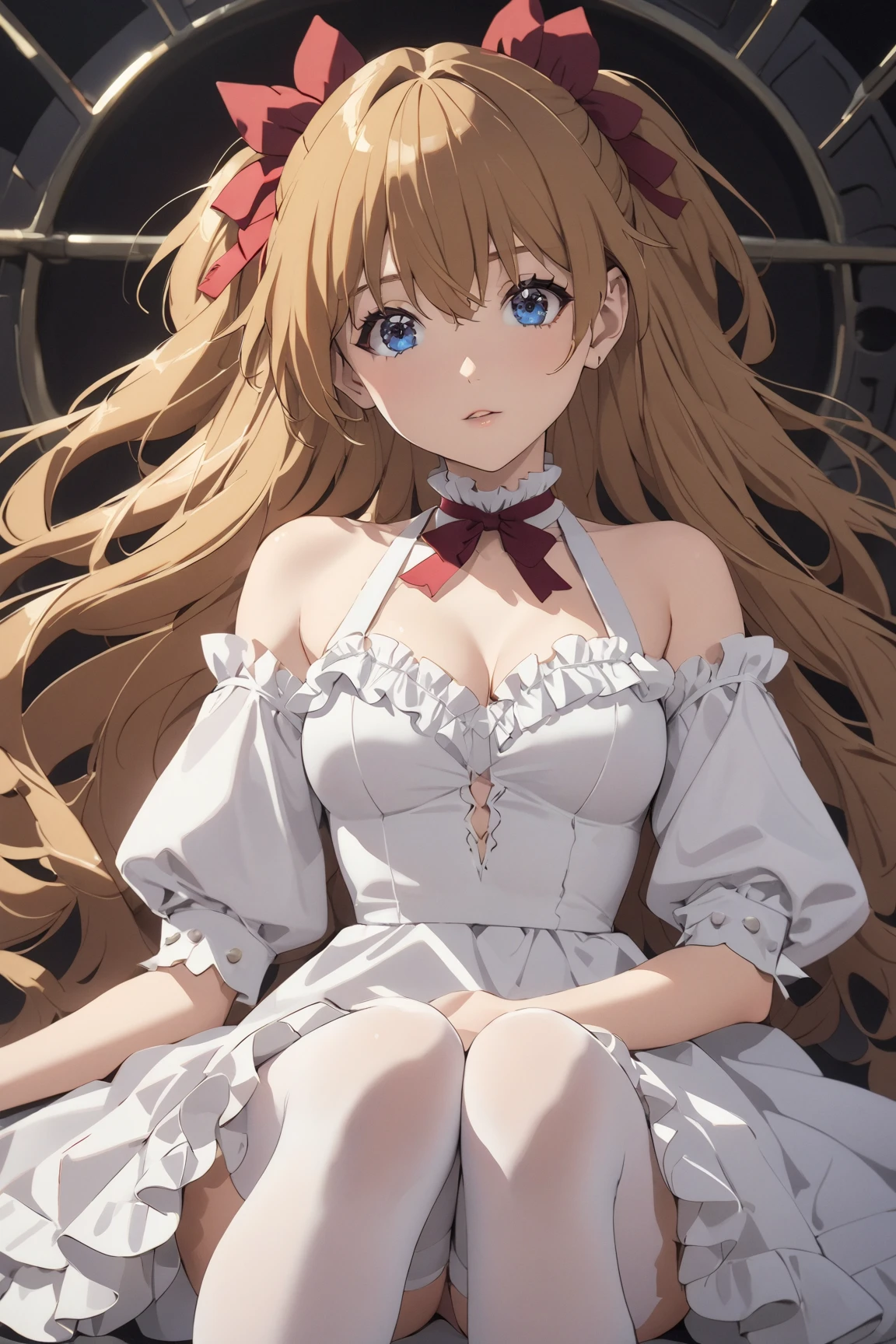 masterpiece, highest quality, (anime screencap:1.3),(shape), cute,(simple:1), (anime:1.2),Solo Sharp Focus, 1 girl, cleavage,looking at the viewer, Japan,nighttime,gold hair,((mini skirt)),Are standing, twin tails,summer ,((Gothic Costume)),red ribbon,in the dark gothic,abandoned house,lolita fashion,gothic bonnet,hair ribbon,cowboy shot,in the nighttime,rainy sky,,(Ruins house1.1),（Abandoned house1.1),large breasts,dark,cloudy,heavy rain,（Holding a bloody knife1.1),（bathe in blood1.1),NSFW,