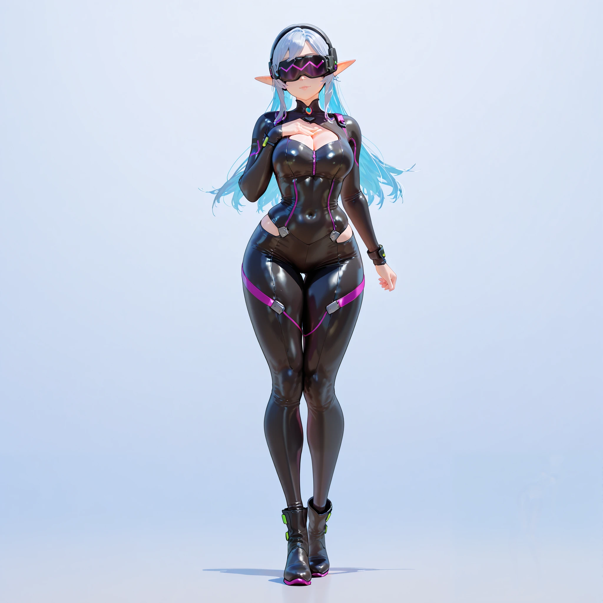 A 3D model of a futuristic cyberpunk elf wearing a VR headset.
Her long hair is intricately sculpted with fine details, and her tight-fitting leather suit accentuates her body’s curves. The suit features realistic stitching, wrinkles, and mechanical embellishments, enhancing its futuristic aesthetic.
She has a voluptuous chest, a slender waist, and long legs, striking a sensual yet elegant pose. Her face is meticulously modeled, with captivating eyes and a finely sculpted mouth, enhancing the character’s overall appeal.
She wears metallic-looking boots, their sleek, flowing lines extending gracefully to the tips of her toes.
Her body incorporates mechanical lines and embedded devices, emphasizing a cybernetic, futuristic aesthetic. The VR headset is designed in a sleek Meta Quest-inspired style, with carefully sculpted sensors and structural details.
The 3D model is fully sculpted from head to toe, designed as a high-precision prototype for a 60cm commercial figure. It is crafted with deeply sculpted details to ensure a striking appearance even without textures, achieving a sculptural finish optimized for 3D printing.