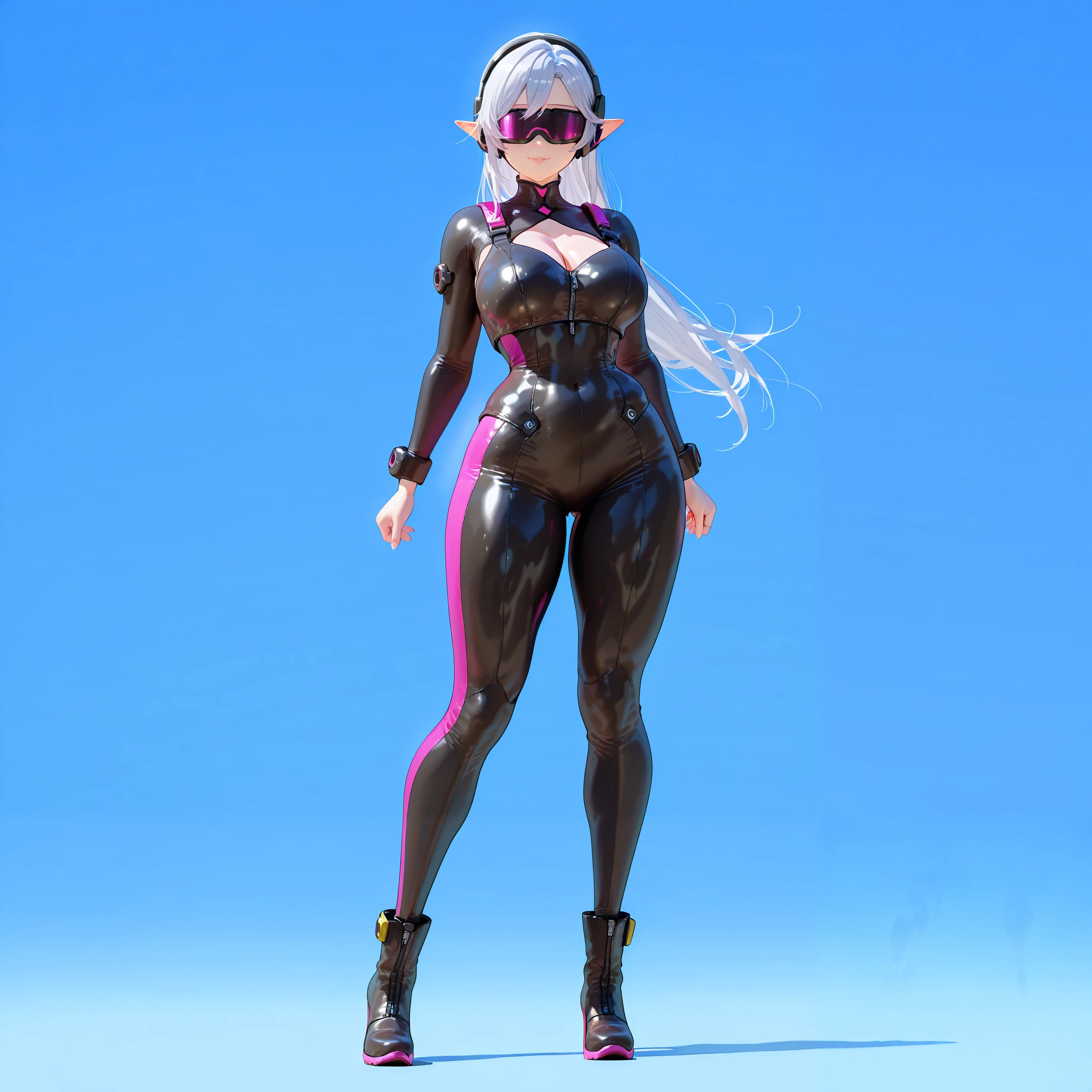 (masterpiece), best quality, expressive eyes, perfect face, (muscular:0.8), silver hair, (massive breast:1.1), (curvy:1.5), ((blank background)), ((full body framing)), (thick thighs:1.5), ((big legs:1.6)), , tiny head, (pink and black bodysuit:1.8), female android, plugsuit, pilot suit, (very tall girl) , perky breast:1.3