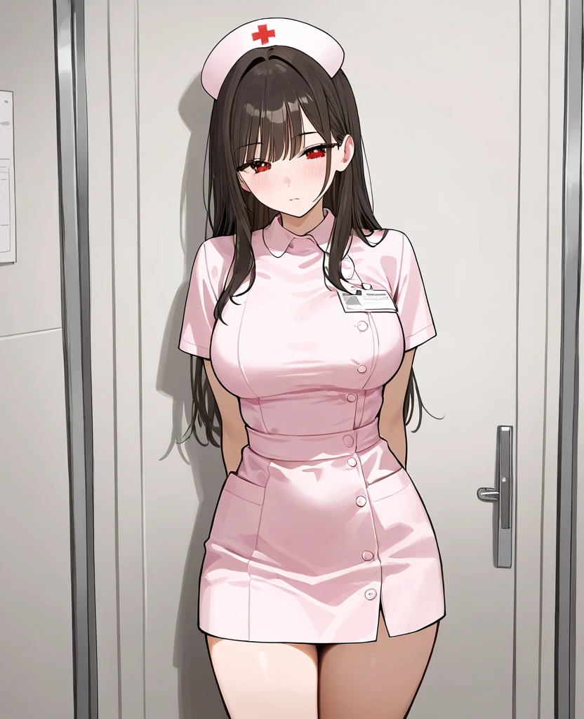 1girl, 独奏, nurse, nurse cap, white wear, ((white legwear, zettai ryouiki)), white gloves, pink hair, drooping eyes, ((covered nose)), standing, ((hospital room)), sharp outline, short sleeves, best quality, masterpiece,Fleshy,Brown eyes,Fleshy,Black hair,happy,lol,Heart,red waistband,Black clothes,Showing underwear,Black lingerie,miniskirt