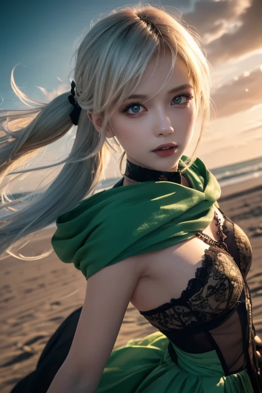 1girl,((Black edged corset)),Lace shawl,capelet,shawl, ultra realistic 8k cg,blonde hair,perfect face,beautiful face,very long hair,straight hair,green eyes,(white tube top),coat on shoulders, epic,open coat, grey coat,corset,white camisole, looking at viewer, mature female, A seductive smile,closed mouth,