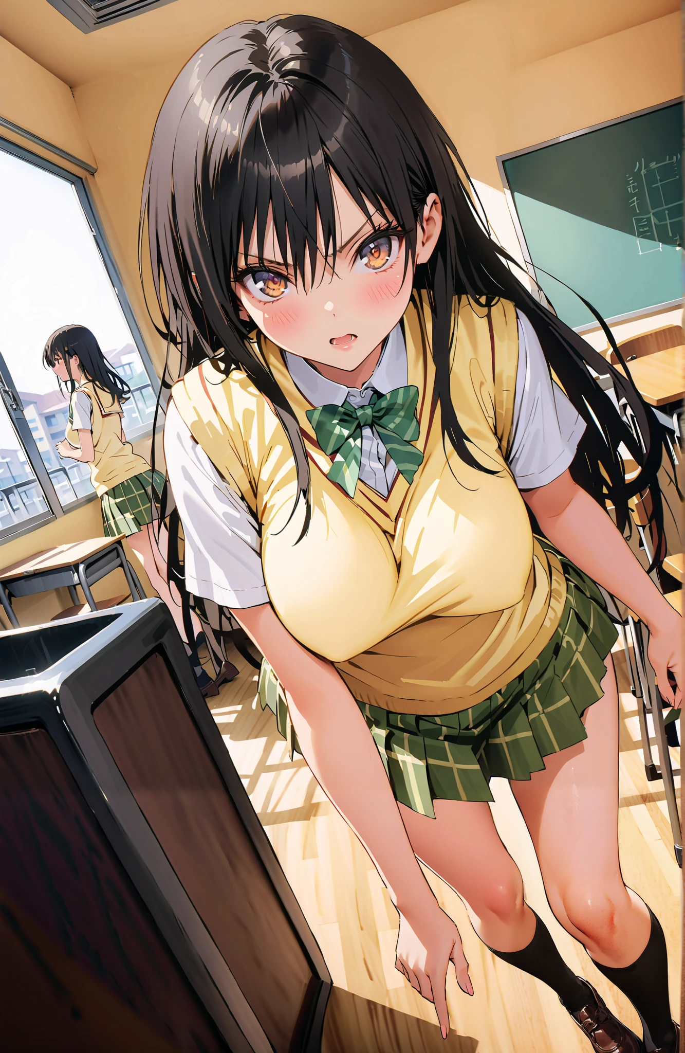 Yuikotegawa, Yui Kotegawa , Alone,black hair, brown eyes, long hair,Big Breasts,
green skirt, thigh plaid, thigh plaid skirt, sainan high school uniform, school uniform, skirt, sweater vest, yellow sweater, Short sleeve, black high socks,standing,skirtタグ , eyelashes skirt tug,skirt,Lift of the Wind ,angry,embarrassing,blushes,open their mouths, machine,chairs, blackboard ,angle from below,full bodyがイラストに入るように,break indoors, classroom,
break looking at viewer,full body,
break (masterpiece:1.2),top quality , kampala, Unity 8K Wallpaper ,(shape:0.8),( fine, beautiful eyes :1.6),It's a person ,full body写真,CG Details , (perfect hands,complete anatomy),