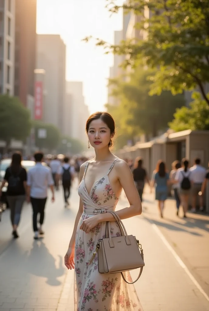 an asain women on a busy steet in Tokyo posing for the camera summer dress mid day