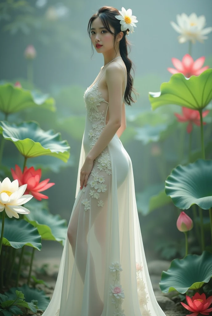 a asian beauty,Hot figure,with fair skin,Makes people's blood pump,Rounded chest,Wearing a white tulle dressing gown,fully body photo,