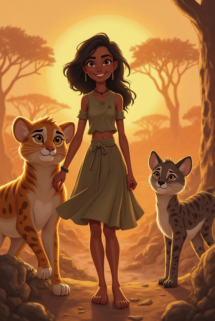 In3d animation a. The lions backing away into the bushes, defeated by Tara’s protective stance. Tara relaxes slightly, showing relief as the threat disappears back into the jungle.