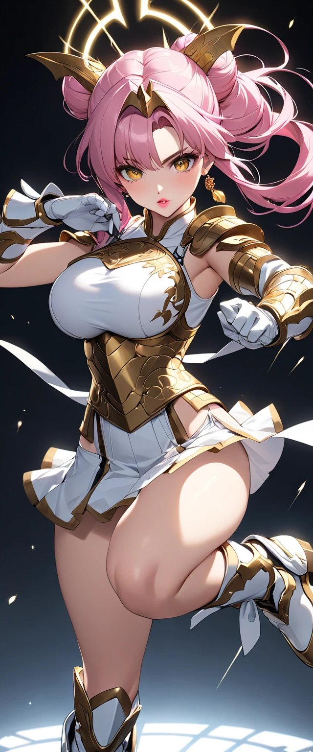 nsfw, (Perfect Anatomy)、Mastepiece、Ultra High Quality、 8K、masterpiece、Highest quality、Ultra-high resolution、Maximum resolution、Very detailed、Professional Lighting、anime、woman、thin、so beautiful、Highly detailed eye、Highly detailed face、Golden earrings、Blonde, hair bun, Yellow Eyes、Mid-chest,Valkyrie armor, white open mini skirt , full body, gold pattern, white super long boots, white long gloves, female martial artist, high heels, white clawed gauntlets, white cute headgear, fighting stance, gold knee armor, Summoning thunder, Elbow striking, confident pose, wings grow from legs, Chinese Martial Arts, eyeshadow, female masturbation, sex toy
