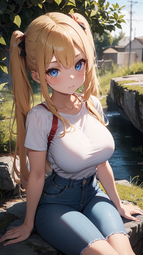 young lady, blonde hair combed in two pigtails, blue eyes, face thin waist, big breast, red tights with black, tight blue denim shorts, white blouse with red.
intimate atmosphere.
coquettish attitude. sitting on a rock.
high resolution, vibrant colors.