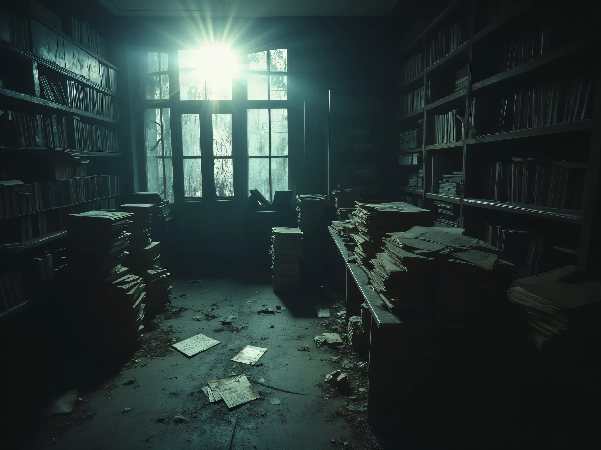 Abandoned Bookstore Paranormal Encounter: In this eerie still, an old bookstore lies in disarray, its floor strewn with scattered papers and debris. Books clutter the shelves haphazardly, their spines dusted and forgotten. A disheveled counter bears stacks of aged newspapers and documents, remnants of past activity. Feeble light filters through grimy windows, casting an ethereal glow on the desolate scene. The air hangs heavy with desolation and decay, hinting at unseen paranormal presences lurking amidst the shadows. This high-contrast, atmospheric shot captures a haunting mid-range view from the store\'s entrance.