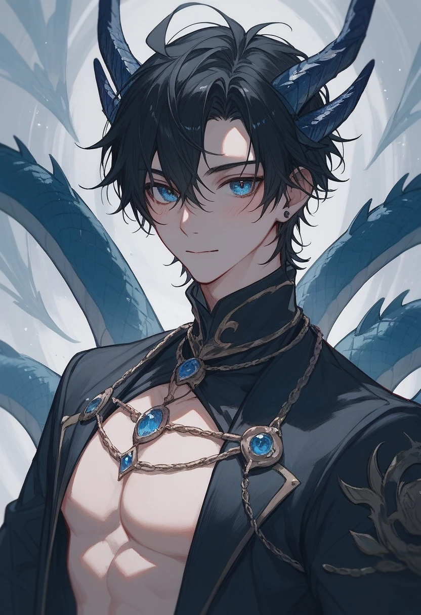 A small male demon, covered in body jewelry and sexy clothes, male, favorite color is blue, twink