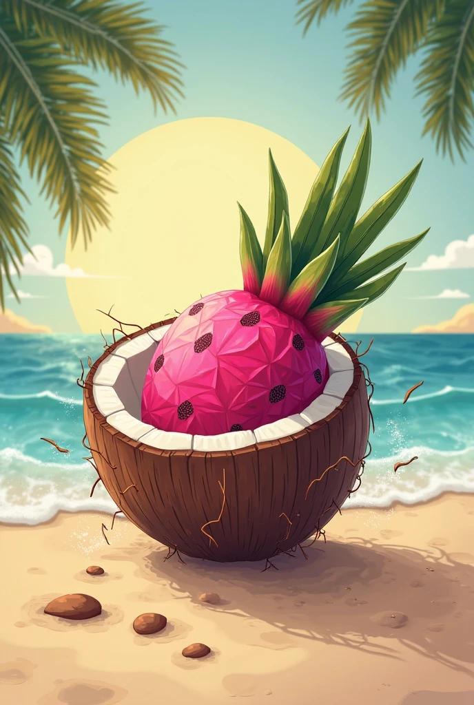 A logo for an online store that reflects the aesthetics of a coconut on the beach and a dragon fruit 