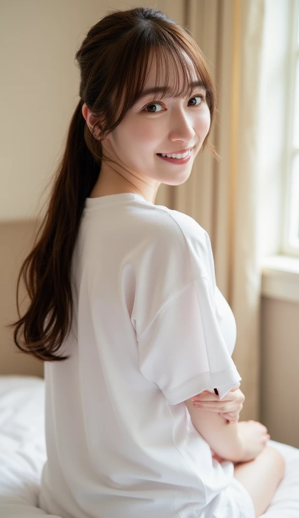 masutepiece, Best Quality, 8K, 1 girl, 20 yo, Full body, Solo, Arch Smile, Cute, Girly, Delicate girl, Neat and clean beauty, Raw photo, Professional Photography, Portrait, Soft light, Professional Lighting, Back lighting, look forward to your eyes, Sophisticated, Film grain, (Eyes and faces with detailed:1.0), Wearing an oversized T-shirt and nothing else, Barefoot, Indoor