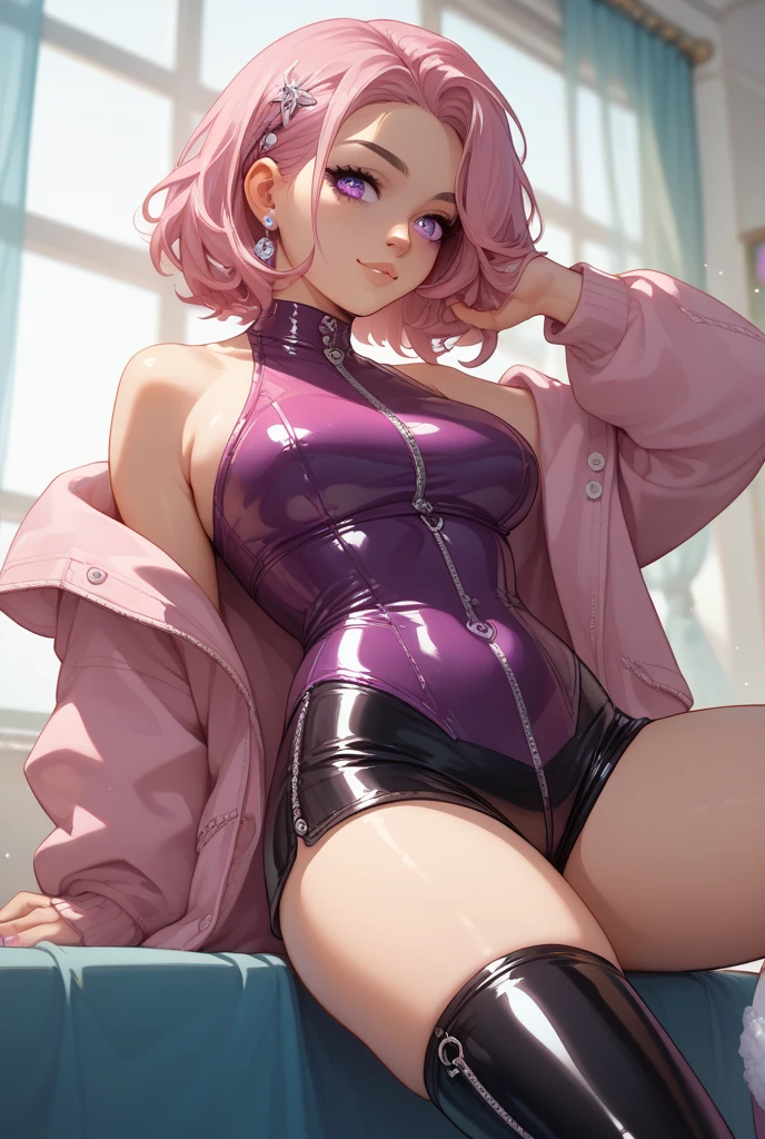 Cherry has tan skin and brown eyes. At the lower left corner of her left eye is a beauty mark, and she wears magenta lipstick and faint dull-colored blush. Her magenta hair is worn in pigtails held by black bows. Her bangs have a tiny split off-center. She has a tattoo on her left shoulder. Her hair gains a metallic shine and her eyes are sparkly. Her lips are metallic, and her blush is reddish. She wears sparkly black bows and white sparkly cat-eye sunglasses. Her outfit is composed of a leopard print jacket that has black glittery fur collar and sleeve cuffs, a pink top, metallic blue short-shorts, and sparkly red shoes with ankle straps. SPARKLE; GLITTER