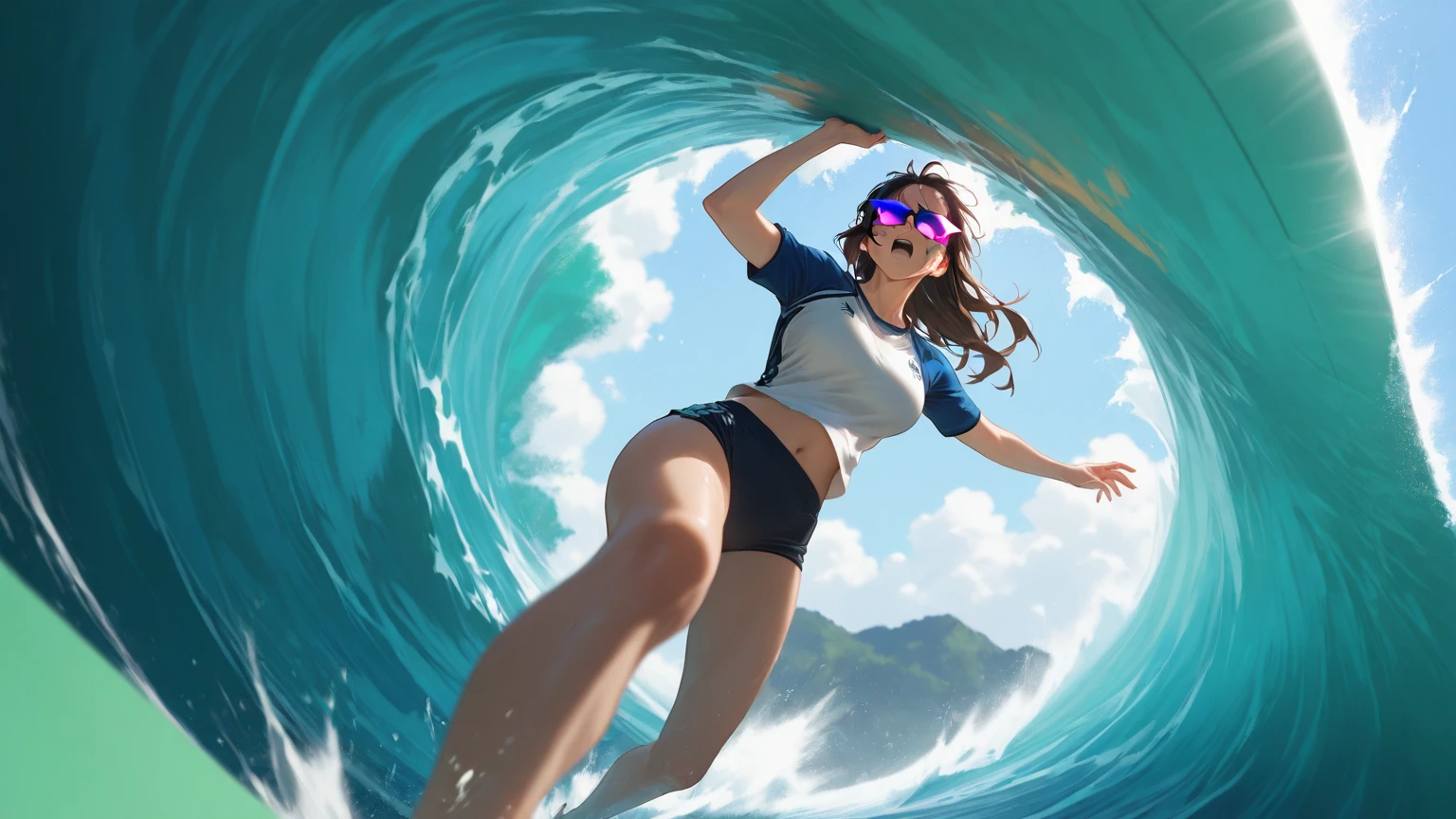 masterpiece, detailed, high quality, absurdres,
yareli, 1girl, solo, faceless, dynamic pose, surfing on fishes, sunny,