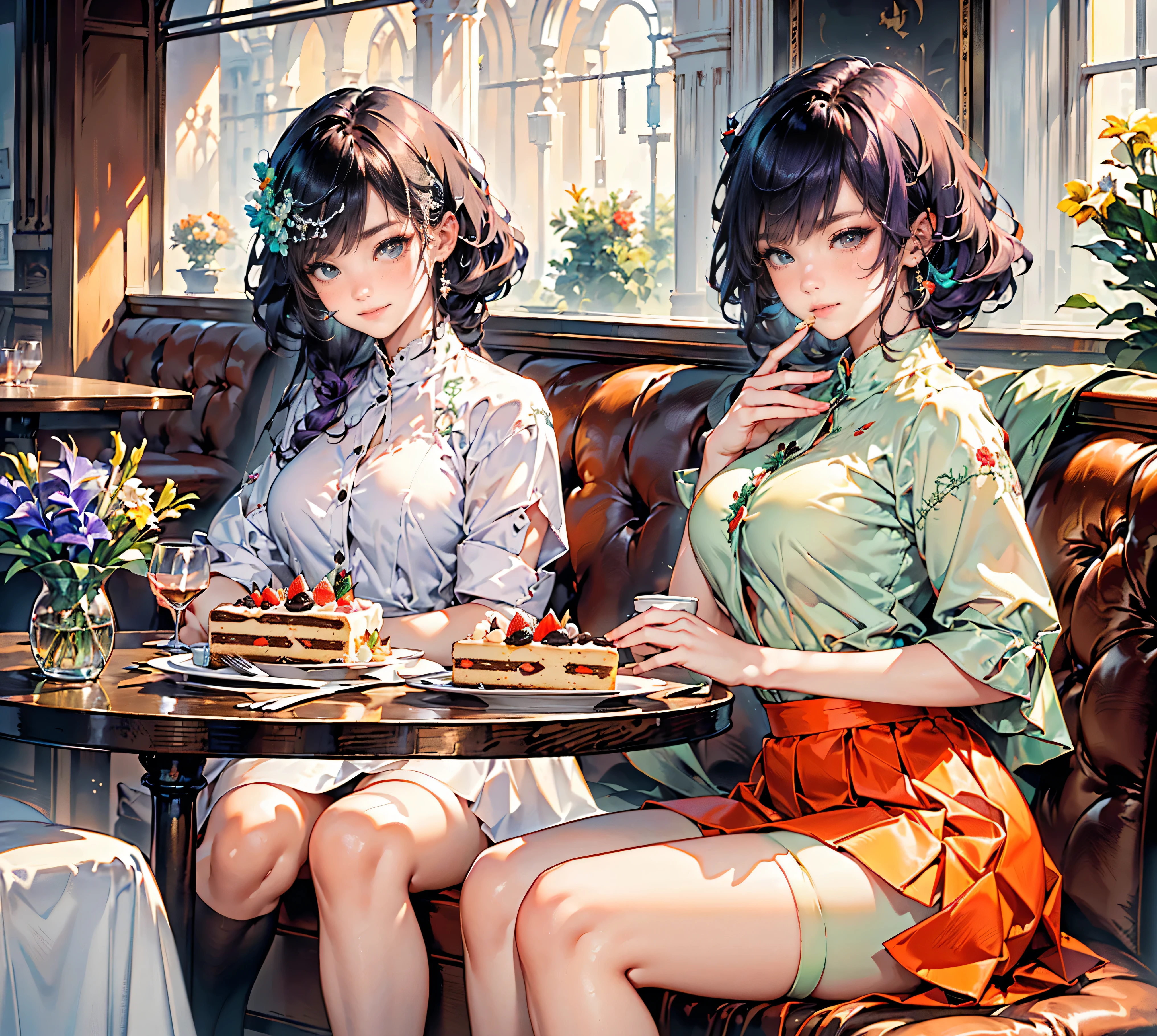 Best picture quality, 8K, Best picture quality, ((two odd-eyed schoolgirls)), ((iris heterochromia, red eyes, green eyes)), ((sparkling fine crimson eyes)), (very fine eyes)), (long platinum and purple hair), princess cut, ((translucent and glowing white skin)), glistening skin, very white skin ((very small breasts)), (anatomically correct), ((detailed description down to fingertips)), ((wears silk blouse with flower embroidery)), ((orange flared skirt)), ((sits at table in cafe restaurant eating cake)), ((cake on a plate on the table ))), ((eating cake skillfully with a hawk)), ((knee-length stockings, detailed description down to the fingertips, smiling, very beautiful.