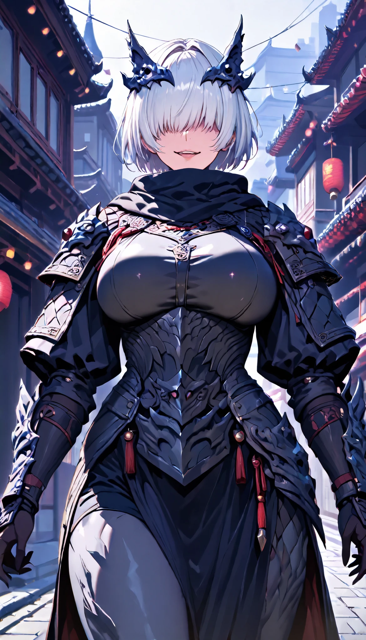 SOLO, A amber eyes Female,Perfect body,Huge Oppai, (Chinese short hair,White hair,hair over eyes),Black scarf, Wearing A Black and Grey Chinese Tight Wolf Armor(Wolf's head decoration),(Armored Blade), On the street,Chinese Classic town, torogao, Evil smile,UHD, anatomically correct, masterpiece, textured skin, high details, highres, 1080P, 16k, accurate, Beautiful face, Perfect face, Highly detailed beautiful face and eyes, Attractive face, Detailed face, Delicate facial features, Detailed skin,Cowboy shot,Look at the viewer,(((hbig bosom)))