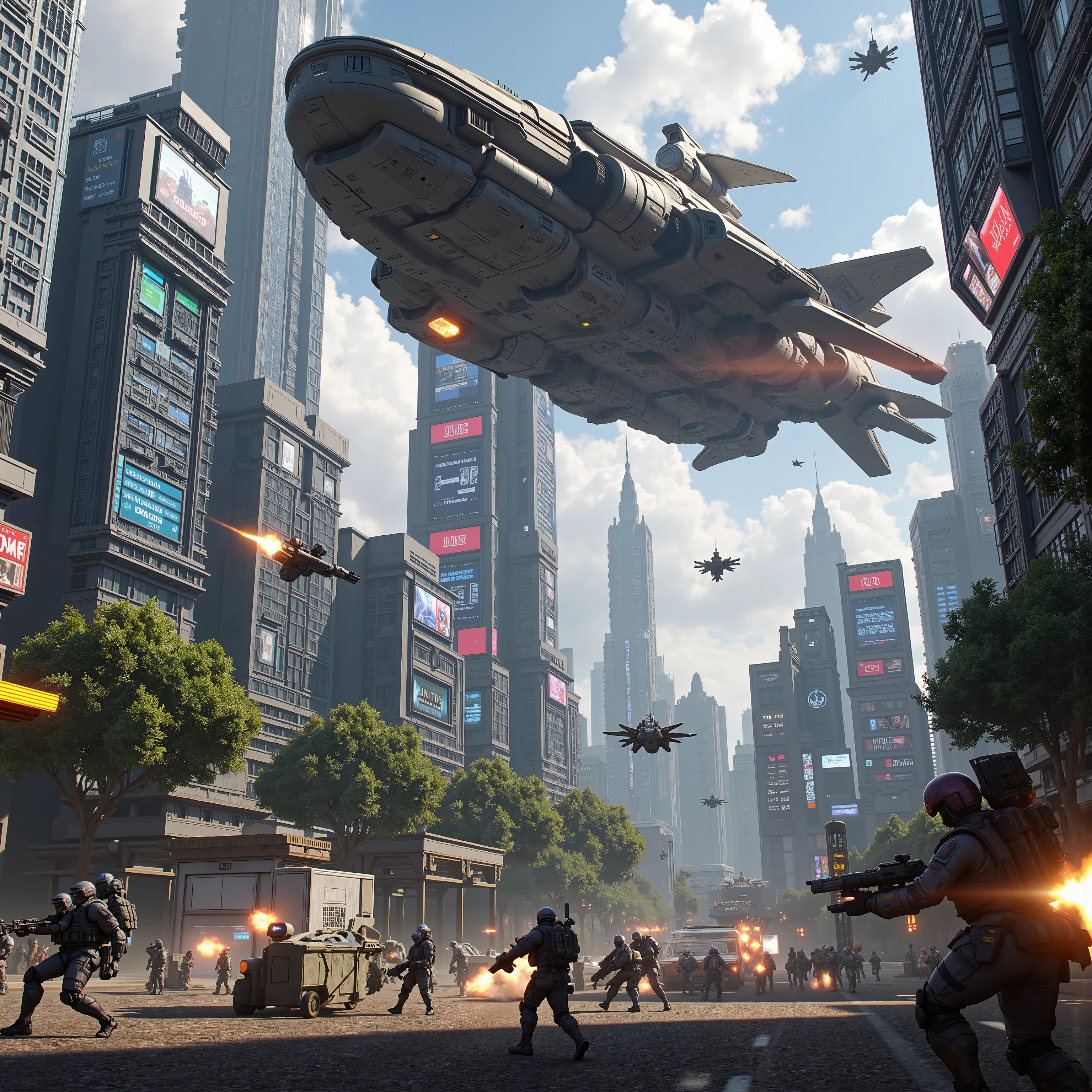 Futuristic 1(best quality,4k,8k,highres,masterpiece:1.2), photorealistic,photo-realistic:1.37)mad-srgns, highly detailed futuristic cybercity, towering skyscrapers with large media screens, gleaming metal and glass buildings, neon lights illuminating the cityscape, flying vehicles soaring through the air, advanced technology and holographic displays, massive bridges connecting the structures, bustling streets filled with pedestrians and autonomous cars, lush greenery and parks interspersed between the modern architecture. Out of nowhere, a giant war spacecraft comes into view and starts to destroy people and property with advanced laser weaponry. Smaller ships with machine guns pepper the running crowds of people with hundreds of thousands of bullets.People run for their lives, terrified! It is a massacre. Rebels with rocket launchers can be seen here and there, fighting back. Ultra-detailed, ultra-realistic, photo-realistic, cinematic photography, cinematic lighting, cinematic portrait, portrait photography, cinematography, cinematic, realistic, best quality images, masterpiece.