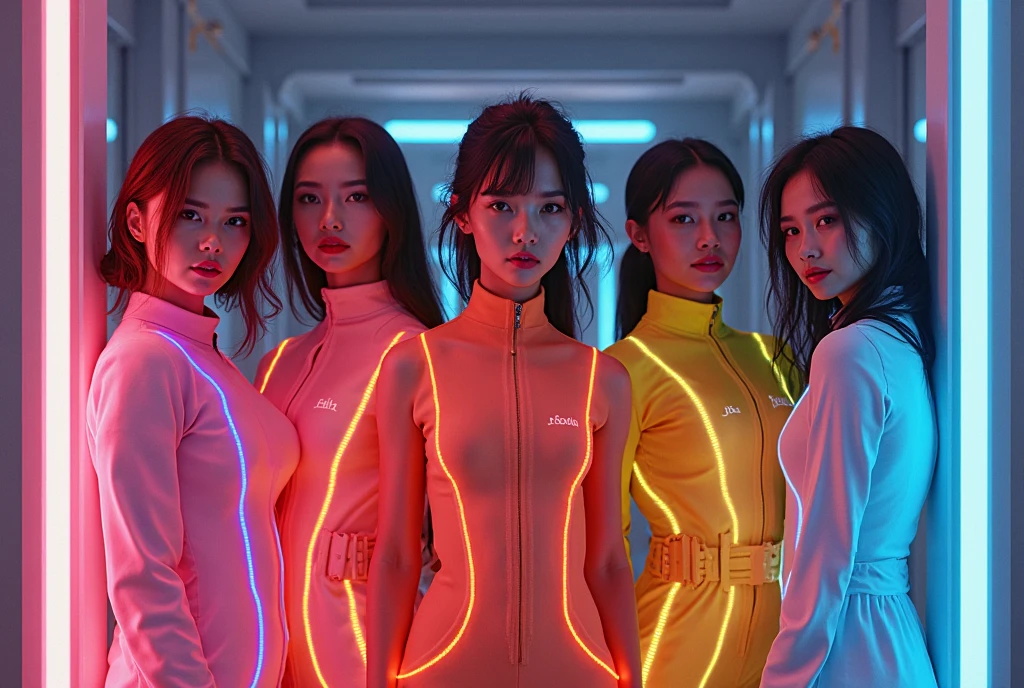 A brave and daring image of a six-man Ranger team。Each one is decorated in the following vibrant colors:: Neon Pink、Sunset Orange、Fire Truck Red、Plasma Violet、Fluorescent Green、Shocking Yellow。 Dynamic poses express the background that exudes energy and courage。 It embodies the essence of the classic Sentai hero team.。 The costumes of each ranger are sleek and modern.、Each color has elements that reflect its theme.、You can act now。 ((camel toe))