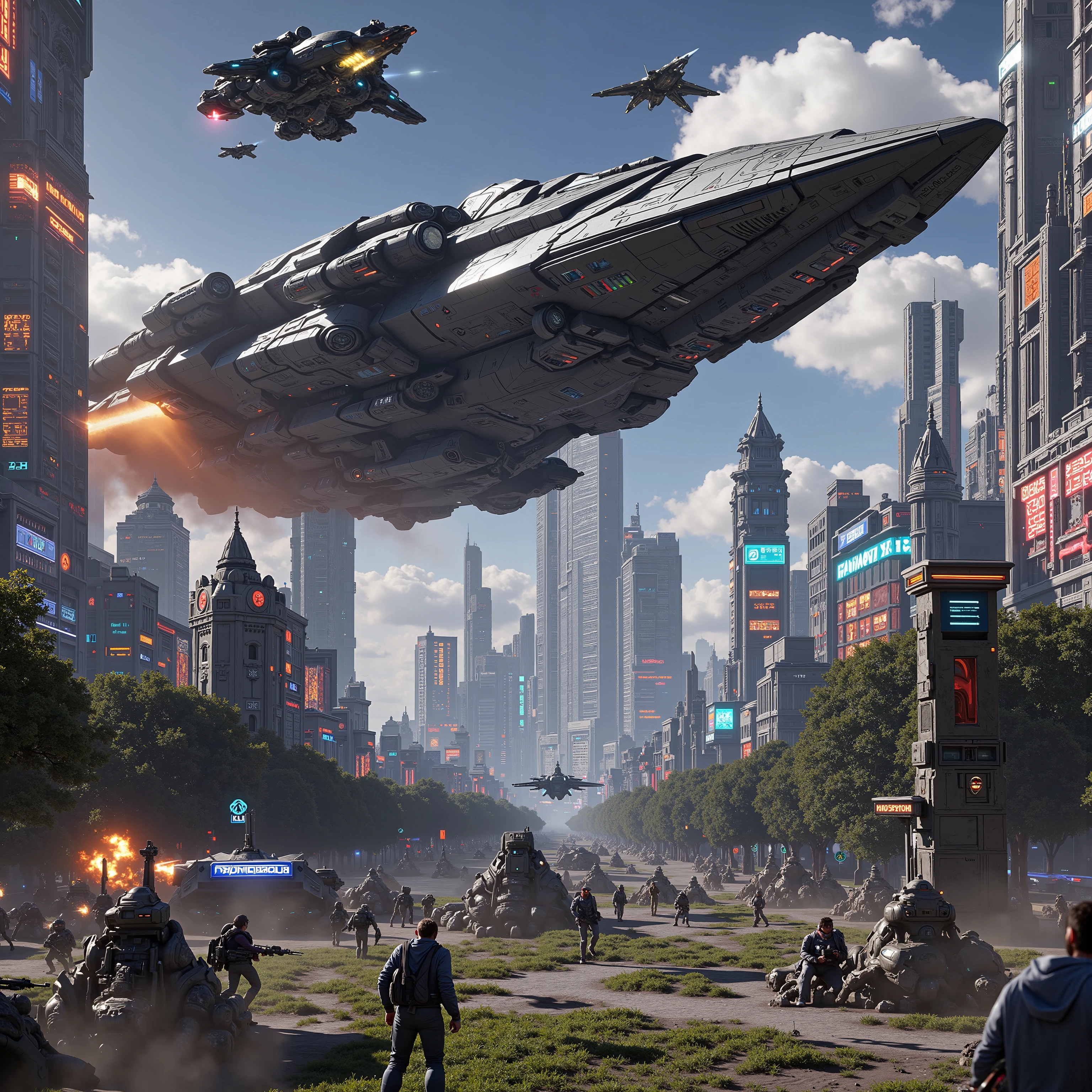 Futuristic 1(best quality,4k,8k,highres,masterpiece:1.2), photorealistic,photo-realistic:1.37)mad-srgns, highly detailed futuristic cybercity, towering skyscrapers with large media screens, gleaming metal and glass buildings, neon lights illuminating the cityscape, flying vehicles soaring through the air, advanced technology and holographic displays, massive bridges connecting the structures, bustling streets filled with pedestrians and autonomous cars, lush greenery and parks interspersed between the modern architecture. Out of nowhere, a giant war spacecraft comes into view and starts to destroy people and property with advanced laser weaponry. Smaller ships with machine guns pepper the running crowds of people with hundreds of thousands of bullets.People run for their lives, terrified! It is a massacre. Rebels with rocket launchers can be seen here and there, fighting back. Ultra-detailed, ultra-realistic, photo-realistic, cinematic photography, cinematic lighting, cinematic portrait, portrait photography, cinematography, cinematic, realistic, best quality images, masterpiece.