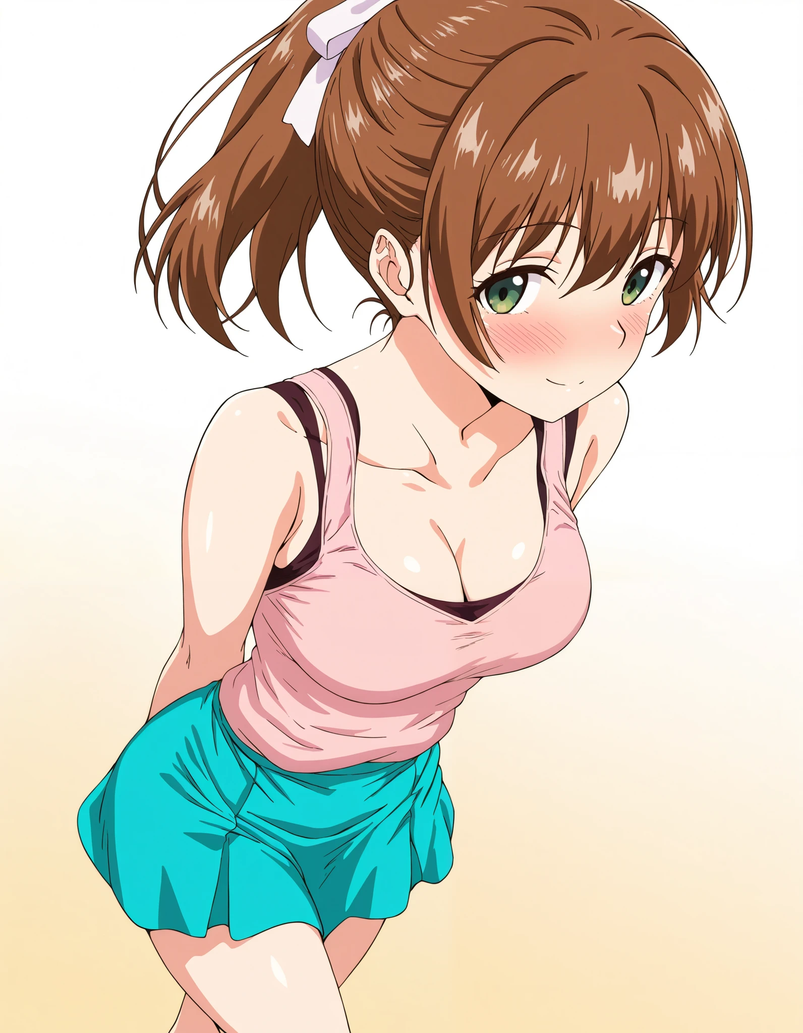 masterpiece, best quality, very aesthetic, absurdres, highres, newest, anime, realistc, darkalx, Kasuga,solo,1girl,breasts, short hair, looking at viewer, blush, smile, skirt, brown hair, ribbon, bare shoulders, closed mouth, green eyes, standing, collarbone, hair ribbon, ponytail, sleeveless, blue skirt, arms behind back,cleavage, tank top, pink shirt, crossed legs, standing dynamic angle,sexy pose, waving, smile, sexy look, embarrassed,simple background, black and white gradient background,