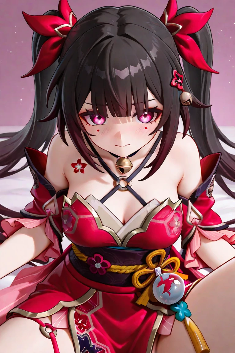 ,1 GIRL,Sparkle(Honkai: Star Rail),SPKSD, MOLES UNDER EYE SPKSD, MOLES UNDER EYE, FOX MASK ON HEAD, HAIR ORNAMENTS, O-RING TOP, NECK BELL, RED KIMONO, OBI, BLACK SINGLE GLOVE, FLOWER TATTOO, BLACK CHOKER, O-RING THIGH STRAP, O-RING TOP, OKOBO,black hair,pigtails hair,sit .A choker with a bell. Red cord thigh straps.,(grinning face:1.5),sparkle \(honkai: star rail\), メスガキ