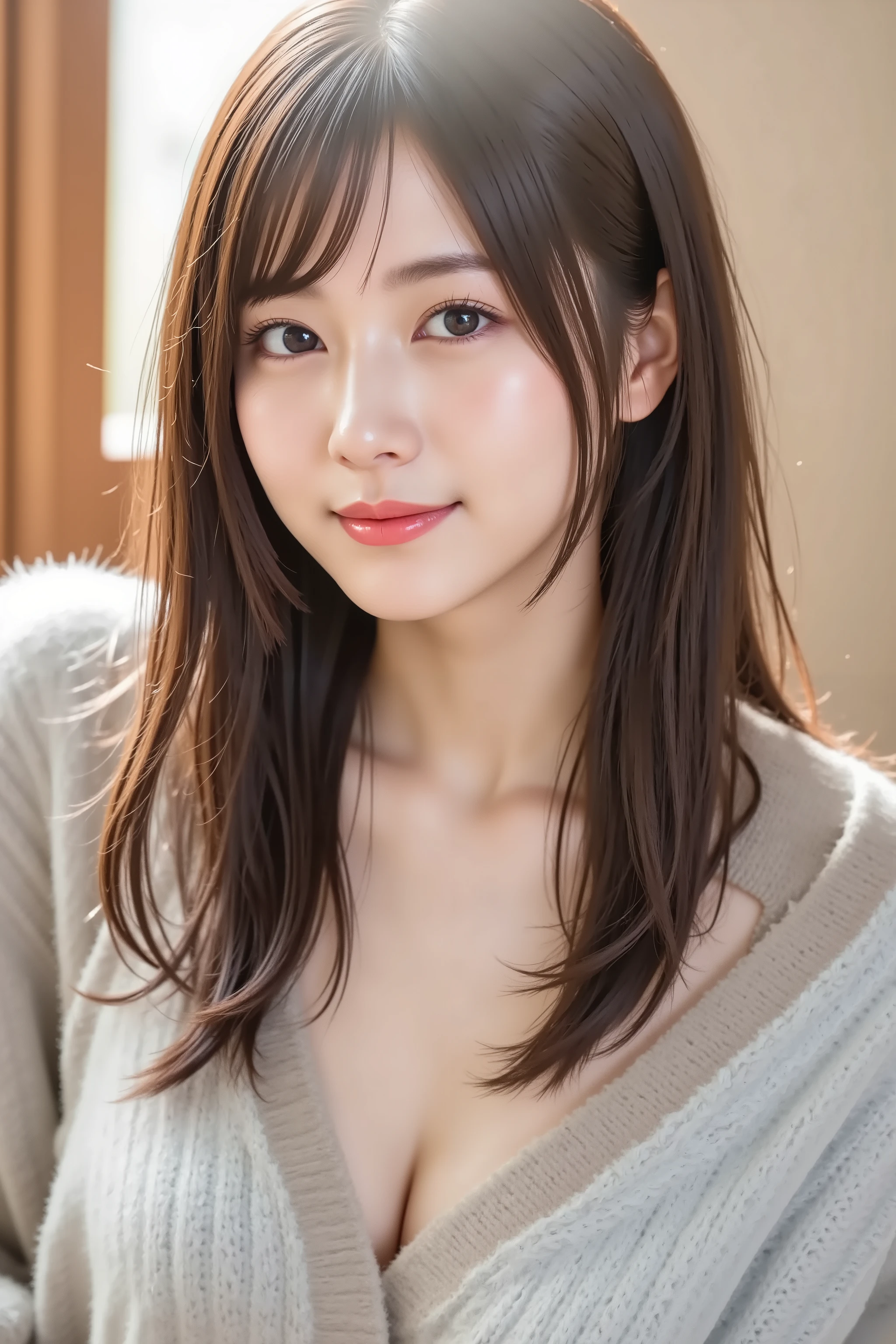 (8K, RAW Photos, Highest quality, masterpiece:1.2), (Realistic, photo-Realistic:1.37), Very detailed, Ultra-high resolution,1 Girl,Show Viewer,Beautifully detailed face,smile,narrow,(Slim waist:1.3),shirt, Beautiful and detailed skin, Skin Texture, Floating Hair,Professional Lighting,Large Breasts、Her cleavage is visible、Wearing a bra、Bra is visible、