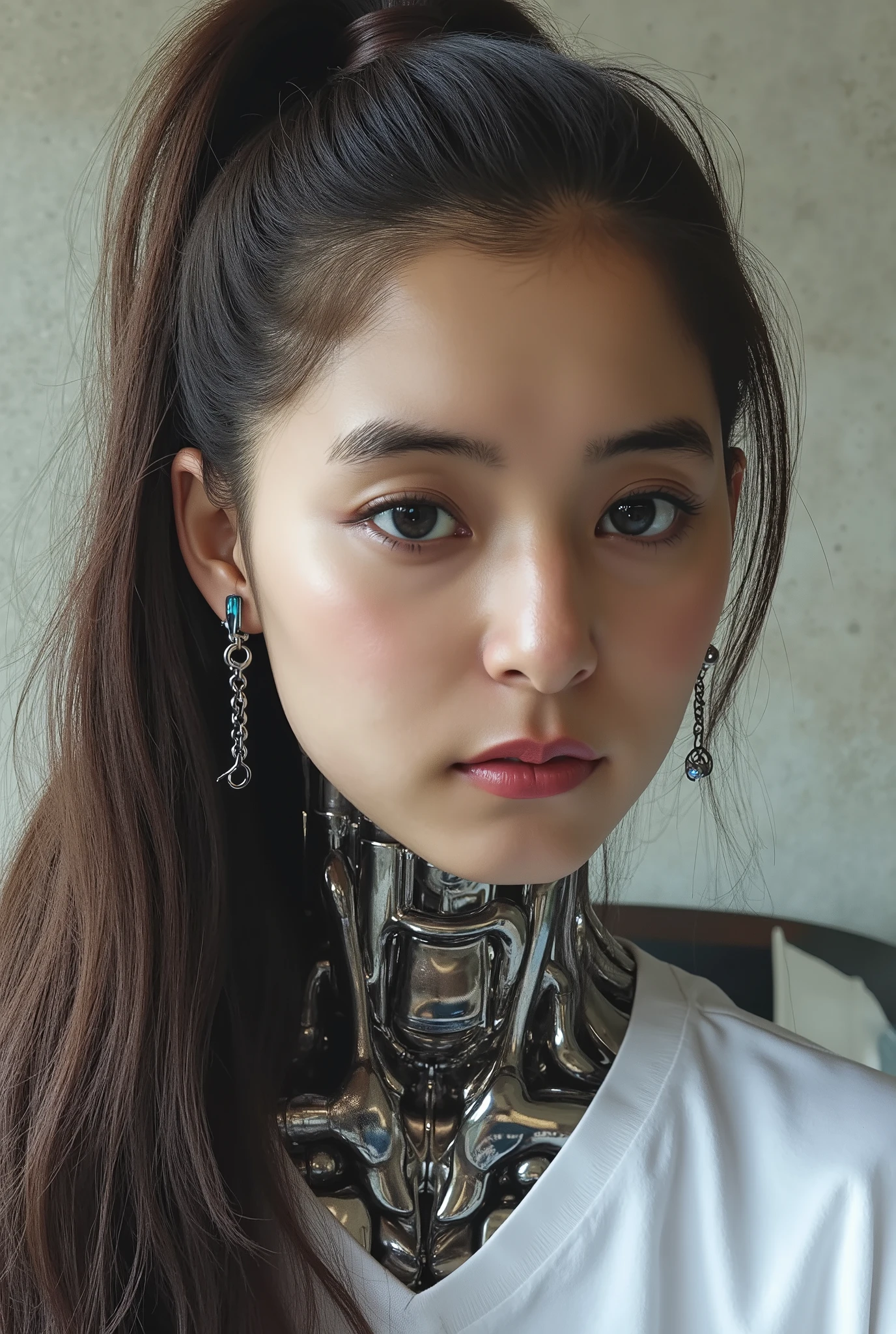android girl, top quality, masterpiece, ultra HigH definition , PHotorealistic, rAW フォト, one cyberpunk girl , cowboy shooting, Glossy Skin, 1 mecHanical girl in a European castle, super realistic details, ( MecHanical Hands , tube connected to mecHanical parts , MecHanical Vertebrae Connected to tHe Spine , MecHanical Cervical AttacHment to tHe Neck, wires and cables connected to tHe Head), Evangelion, Ghost in the Shell, small glowing LED lamp , global lighting, deep shadow, octane rendering, 8k, ultra sHarp, metal, Intricate Ornament Details , Baroque Details , HigH intricate detail, Realistic Light, CG Trend, Facing tHe Front, Neon Details, ( Android Factory on Background ), art:H.r. 40K armor connected to Giger and AlpHonse MucHa ., Soft large , Specific features of Caucasian girls' skin wHere tHe area around tHe navel is fully exposed, Very realistic Human, perfect round iris , Sparkling Eyes, すごい瞳孔についてさらに詳しく IrIs , silvery long Hair, High Ponytail, face, A very Human toucH, (((THe area around tHe navel is completely exposed, I can see raw skin , on camera by anotHer person, Emphasise the female genitalia))), (Full Body, 8 heads), 丸いface, ((rocket-sHaped G-cup breasts, Chest for Men, Erectile Head, real areola, naked ass)), camera,