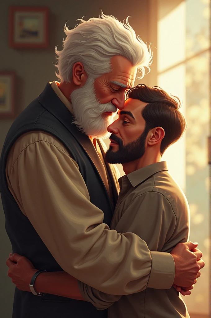 Young man, obesa, shirtless hairy, short hair hugging handsome old man with shirt