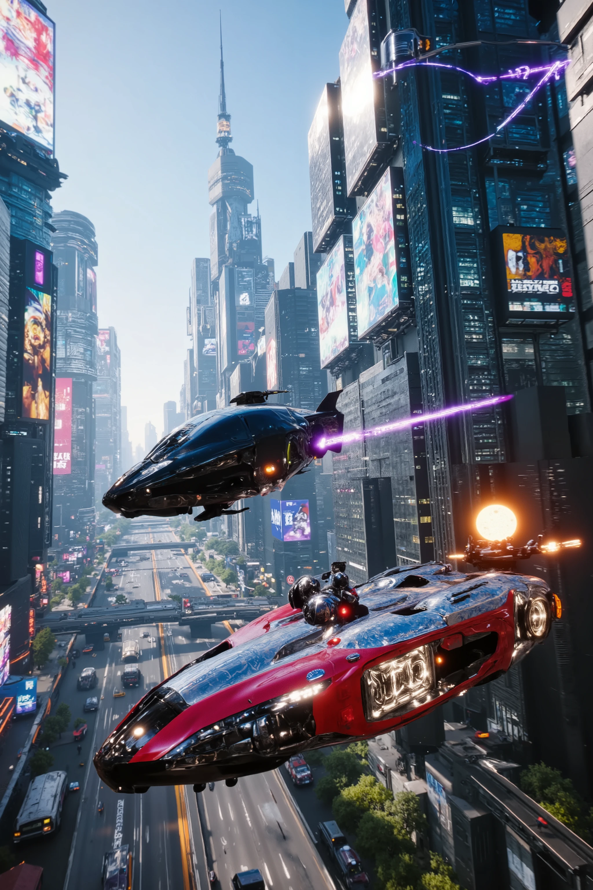 (best quality,4k,8k,highres,masterpiece:1.2), photorealistic,photo-realistic:1.37),highly detailed, futuristic metropolis. Super high skyscrapers with media screens covering the structures instead of windows. 2 hover vehicles, one super reflective black, and one bright glossy red and silver flying high and low leave trails of color and light behind as they chase each other under a crystal clear blue sky. The black car suddenly opens fire on the other. Automatic gunfire riddles the red and silver car with bullets. 3D, realism,speed lines, motion lines, cinematic photography, cinematic lighting, cinematic portrait, portrait photography, cinematography, full focus, UHDR, hyperrealistic, visually disorienting, portrait photography, surrealism, etheral, cyberpunk cityscape, futurism, highest quality, masterpiece.