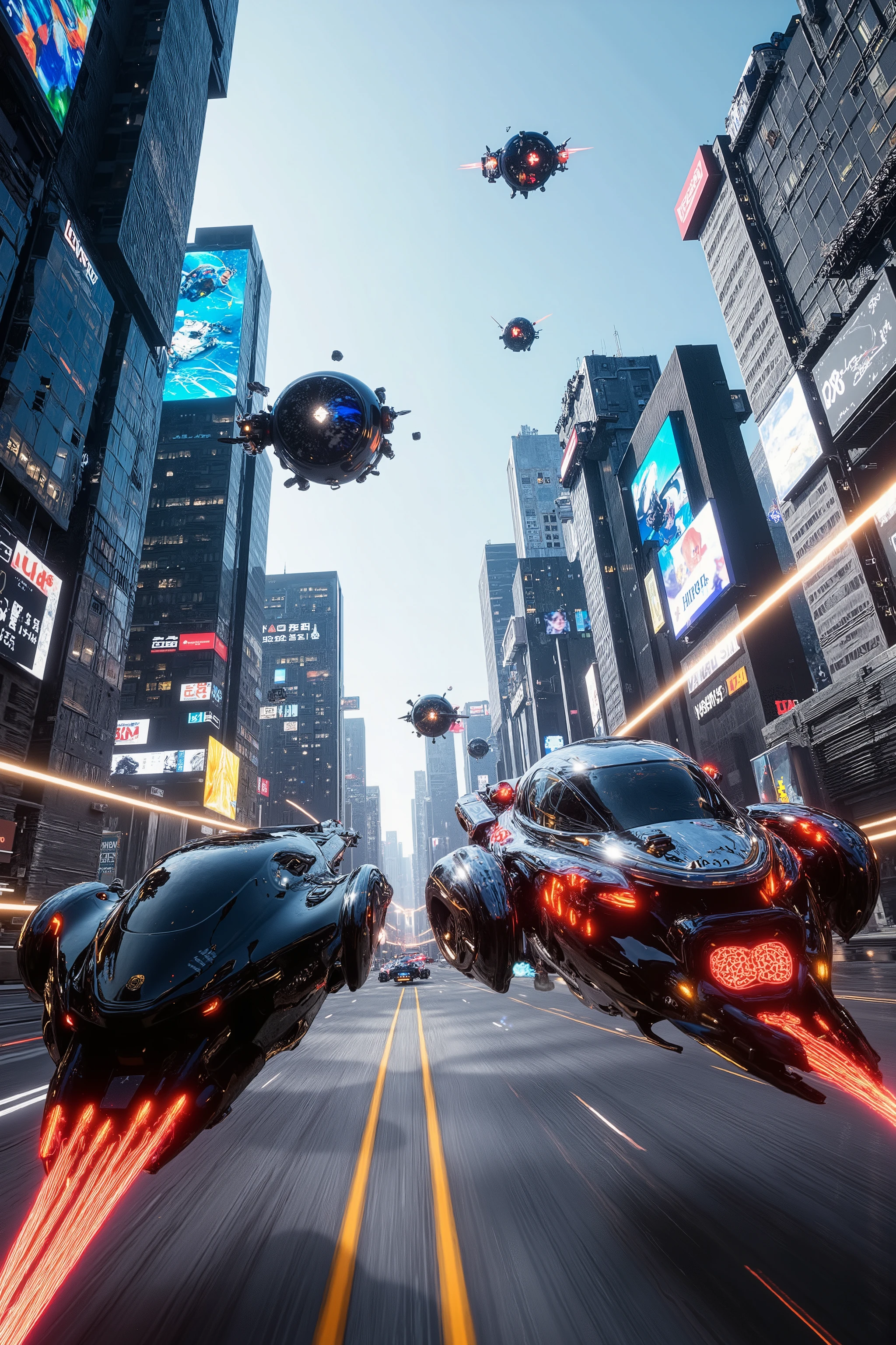 (best quality,4k,8k,highres,masterpiece:1.2), photorealistic,photo-realistic:1.37),highly detailed, futuristic metropolis. Super high skyscrapers with media screens covering the structures instead of windows. 2 hover vehicles, one super reflective black, and one bright glossy red and silver flying high and low leave trails of color and light behind as they chase each other under a crystal clear blue sky. The black car suddenly opens fire on the other. Automatic gunfire riddles the red and silver car with bullets. 3D, realism,speed lines, motion lines, cinematic photography, cinematic lighting, cinematic portrait, portrait photography, cinematography, full focus, UHDR, hyperrealistic, visually disorienting, portrait photography, surrealism, etheral, cyberpunk cityscape, futurism, highest quality, masterpiece.