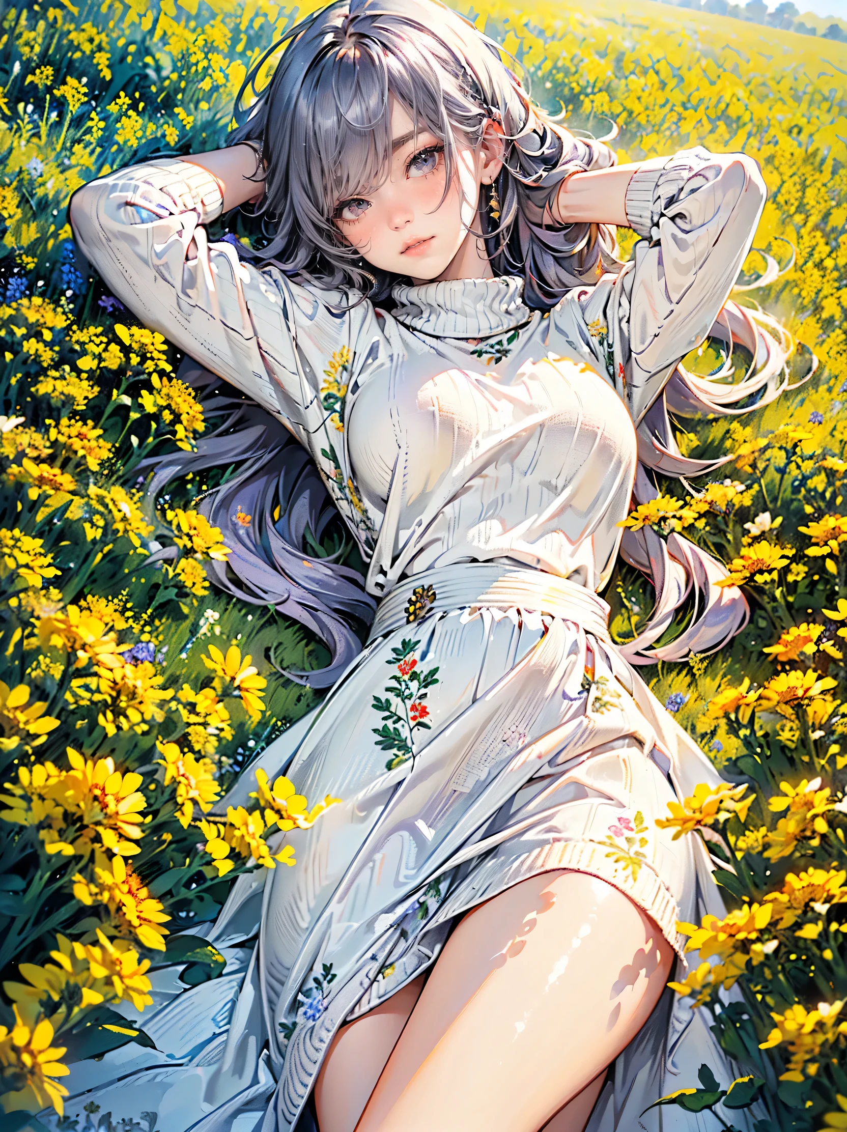 Best quality, high resolution, (High quality: 1.4), masterpiece, detailed background, realistic, RAW photo, ((Three heterochromia high school girls)), ((Heterochromia, red eyes, green eyes)), ((Sparkling and detailed eyes)), ((Long silver and purple hair)), Transparent smooth white skin, Glossy skin, Small breasts, ((Yellow wool sweater with floral embroidery)), Wearing a green flared skirt, ((Lying on her back with her hands clasped behind her head in a field full of rapeseed flowers), Lying on her back, Anatomically accurate depiction, Delicate depiction down to the fingertips, Faint sunlight, Rape flower field