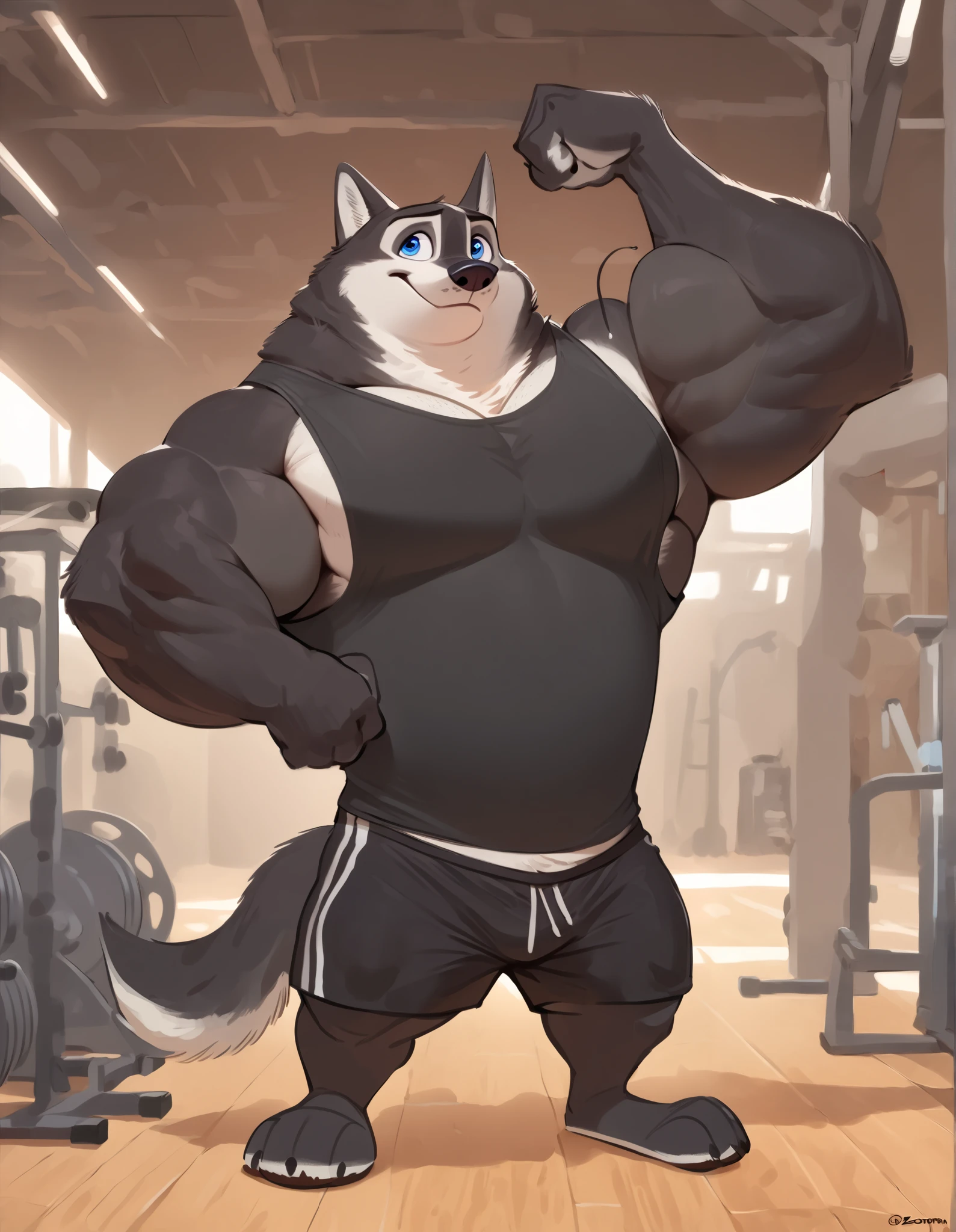 strong, solo, 1boy, Muscular black husky dog, (wide shoulder, pectoral, thick arms, huge pectoral, wide pectoral), in gym with gymnasium warehouse background, black gym shorts, black tank top, grunting, flexing his arms, gym background, height: 6.1, weight: 207lbs, detailed eyes with blue pupils, masterpiece, Walt Disney 2D Zootopia Animation Art Style,