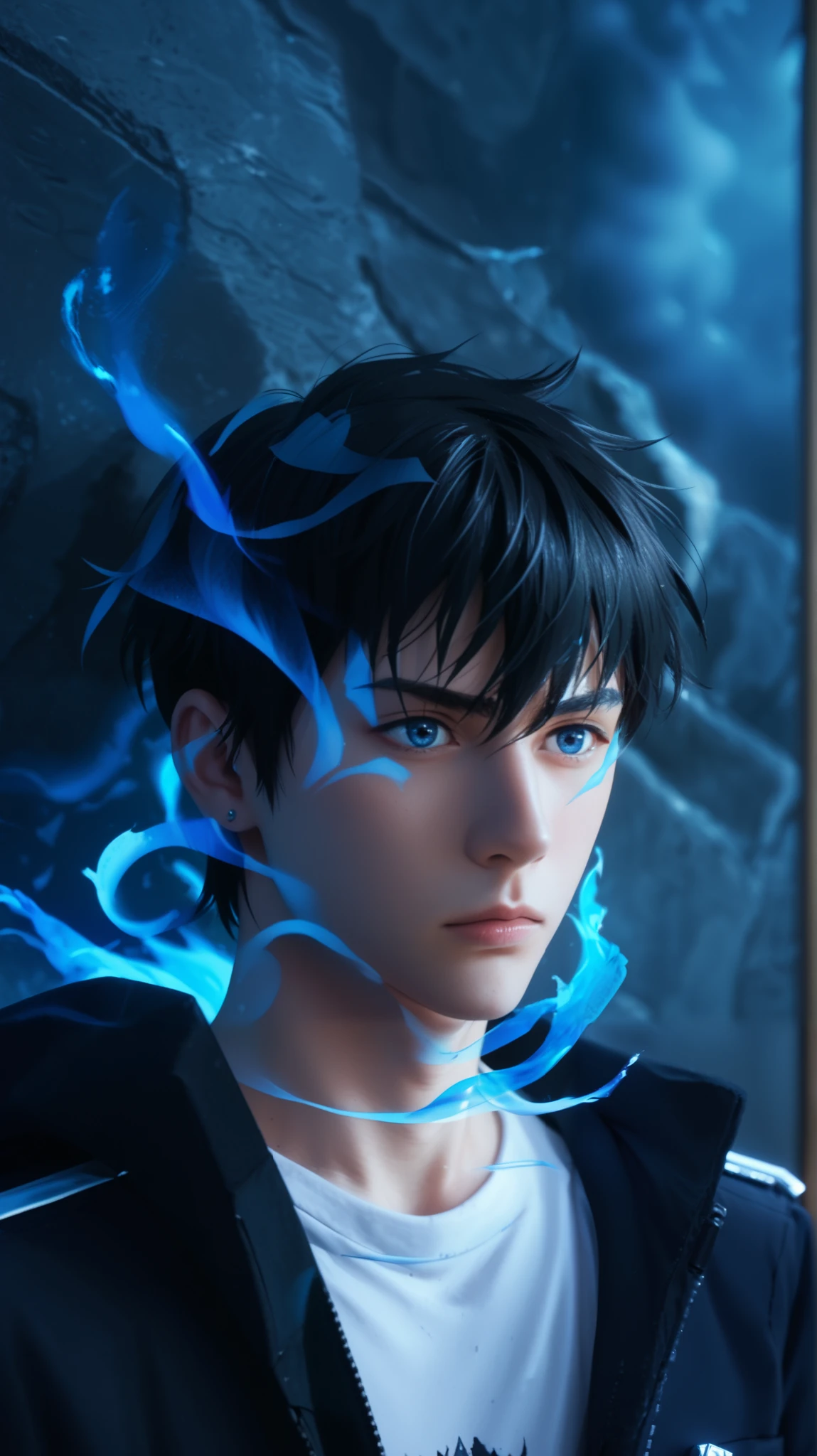 A young man with sharp facial features, pale skin, and messy black hair, wearing a black jacket over a white shirt. His piercing blue eyes glow with supernatural energy. He grips a bloodstained dagger wrapped in white bandages, exuding a cold and determined aura. Behind him, a massive shadowy figure with glowing blue eyes and swirling ghostly flames looms menacingly, creating an ominous and powerful atmosphere. The background is engulfed in ethereal blue flames and dark mist, intensifying the mystical vibe. Semi-realistic anime style, inspired by Solo Leveling. Cinematic composition, high contrast dramatic lighting, dynamic close-up shot. Ultra-detailed, hyperrealistic textures, 8K resolution --ar 2:3 --v 6 --style raw --q 2 --stylize 750