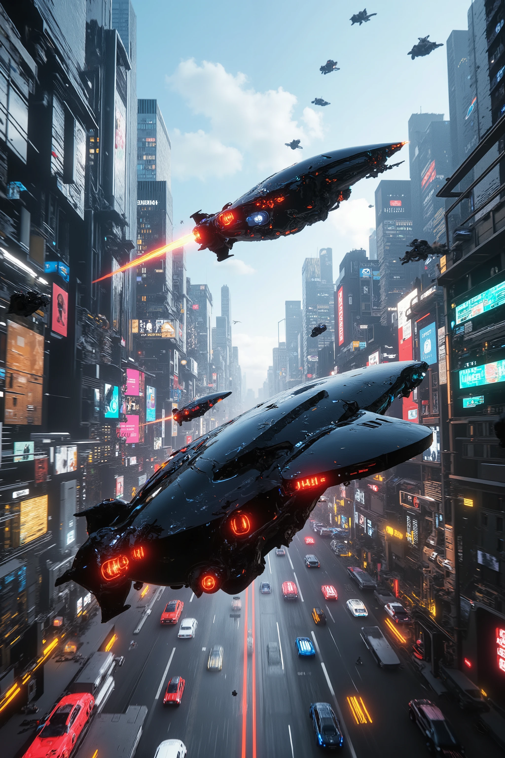 (best quality,4k,8k,highres,masterpiece:1.2), photorealistic,photo-realistic:1.37),highly detailed, futuristic metropolis. Super high skyscrapers with media screens covering the structures instead of windows. 2 hover vehicles, one super reflective black, and one bright glossy red and silver flying high and low leave trails of color and light behind as they chase each other under a crystal clear blue sky. The black car suddenly opens fire on the other. Automatic gunfire riddles the red and silver car with bullets. 3D, realism,speed lines, motion lines, cinematic photography, cinematic lighting, cinematic portrait, portrait photography, cinematography, full focus, UHDR, hyperrealistic, visually disorienting, portrait photography, surrealism, etheral, cyberpunk cityscape, futurism, highest quality, masterpiece.