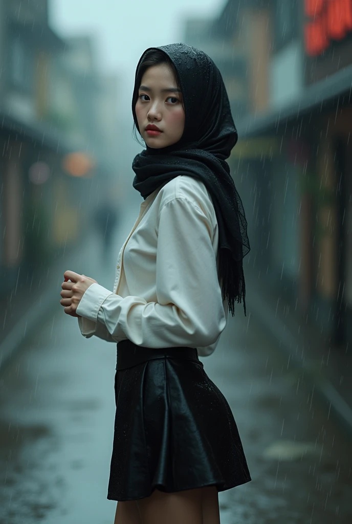 Generate a cinematic still of a Malay girl in hijab caught in a gentle rain shower, in front of vintage building, Focus on capturing the emotion in her eyes as she navigates the rain-soaked streets, creating a scene reminiscent of a romantic film,style raw, pastel color grading, Super 8mm lense, Extreme close-up, Deep Focus cinematography effect, high quality, ultra detail, 8k resolution,
