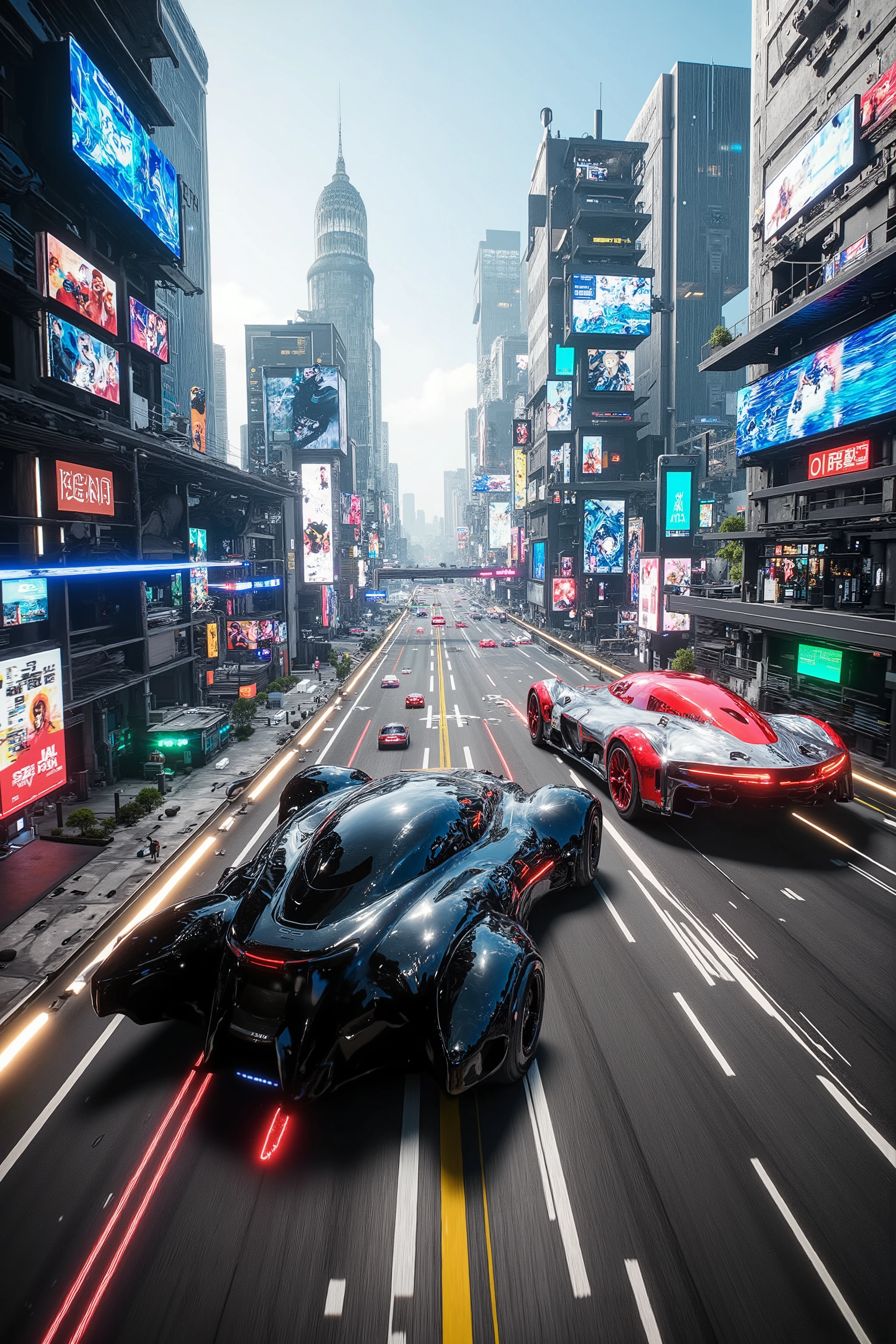 (best quality,4k,8k,highres,masterpiece:1.2), photorealistic,photo-realistic:1.37),highly detailed, futuristic metropolis. Super high skyscrapers with media screens covering the structures instead of windows. 2 hover vehicles, one super reflective black, and one bright glossy red and silver flying high and low leave trails of color and light behind as they chase each other under a crystal clear blue sky. The black car suddenly opens fire on the other. Automatic gunfire riddles the red and silver car with bullets. 3D, realism,speed lines, motion lines, cinematic photography, cinematic lighting, cinematic portrait, portrait photography, cinematography, full focus, UHDR, hyperrealistic, visually disorienting, portrait photography, surrealism, etheral, cyberpunk cityscape, futurism, highest quality, masterpiece.