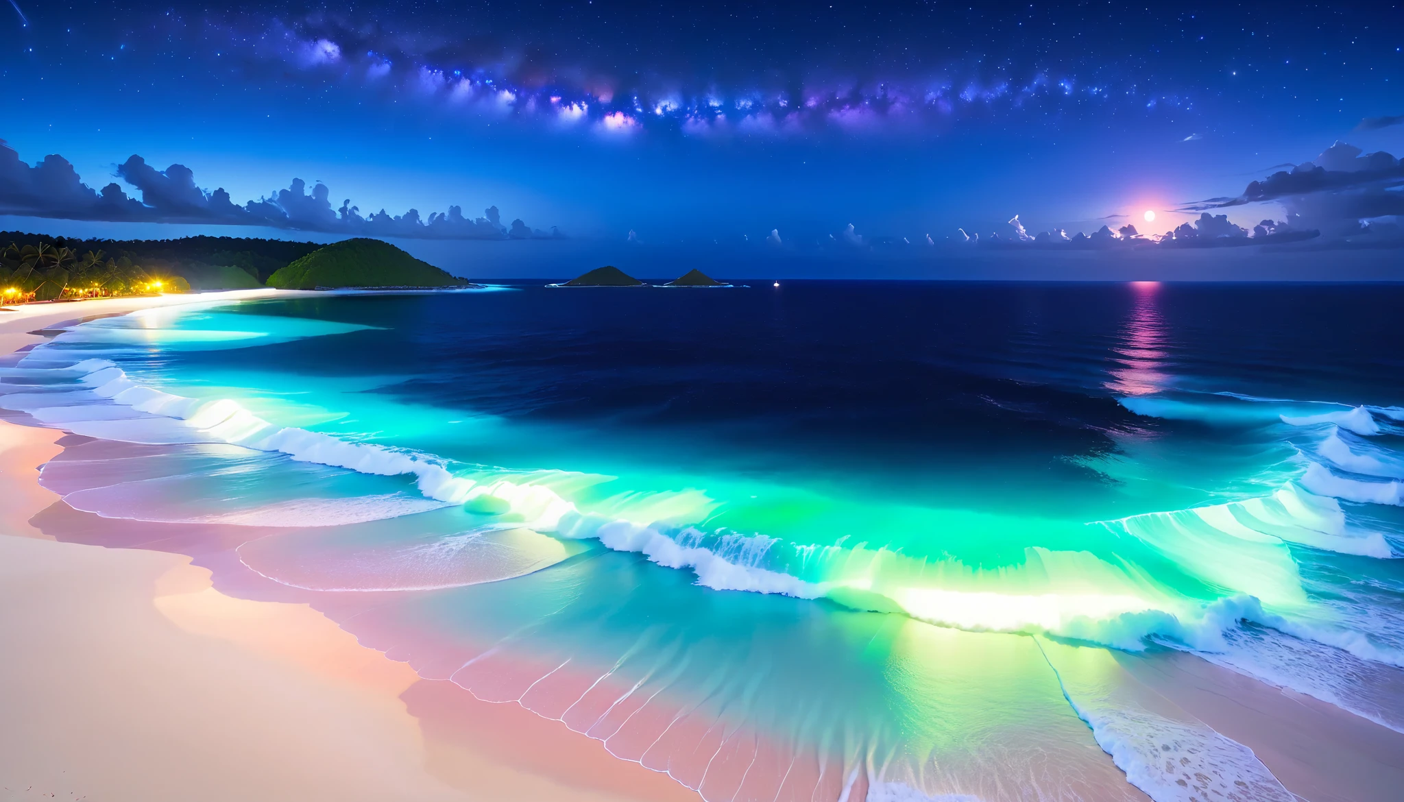 超high image quality,high image quality,high quality,nighttime scenery,tropical beach, that shines steadily ,The ocean breeze is blowing,Blue fluorescent beaches spread out spectacular seascapes,(Also、巨大な波が青い光に照らされる濃い紫と橙色の単一発光ビーチThere are alsoます), very mysterious and beautiful ,Glowing Waves , nighttime light appears on the waves , Emit ,Biofluorescence,light source of various microorganisms, blue light of , There are also、light source of various microorganisms ,blue to bright blue-green light、 Fiery Red , Ndulu Island also has 、There are also dark purple and orange single-light beaches, Maldives,The shining Milky Way galaxy can be clearly seen in the sky, big waves,