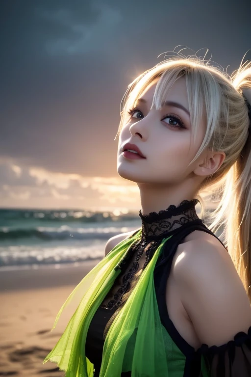 ( 1 girl),gothic,faceup, twin tails,White Hair, ,Gorgeous and elaborate clothes,gothic, flying, green, ( colorful ), Bold, Gradient Blend, motion blur , Sparkling Textures , dynamic composition, atmospheric perspective , impressionistic , , (masterpiece), ( top quality ), amazing on the beach, ( beautiful detailed eyes), ( detailed depiction ), depth of field , Highly detailed CG, original , Extremely High Definition Wallpaper , ( brightly colored ), cinematic lighting, ( colorful ), ,