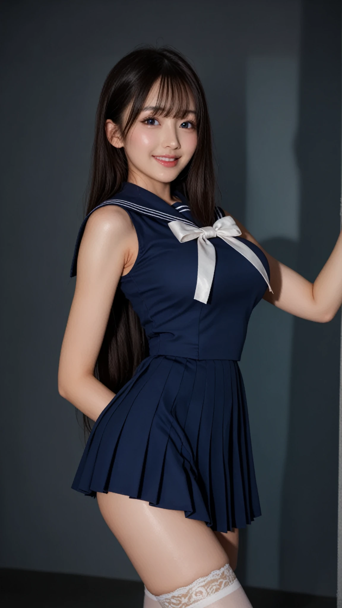 1 girl, Lovely, black haired, , Smile, looks very pure, Sailor suit, photography, actual, best quality, Detailed face, whole body, huge ，Expose lower breasts，Elongated waist, Slender legs, long legs, wear stockings, wear shoes，in the corner of the room，Well-behaved and obedient sister，absolute obedience，Do not dare to disobey，