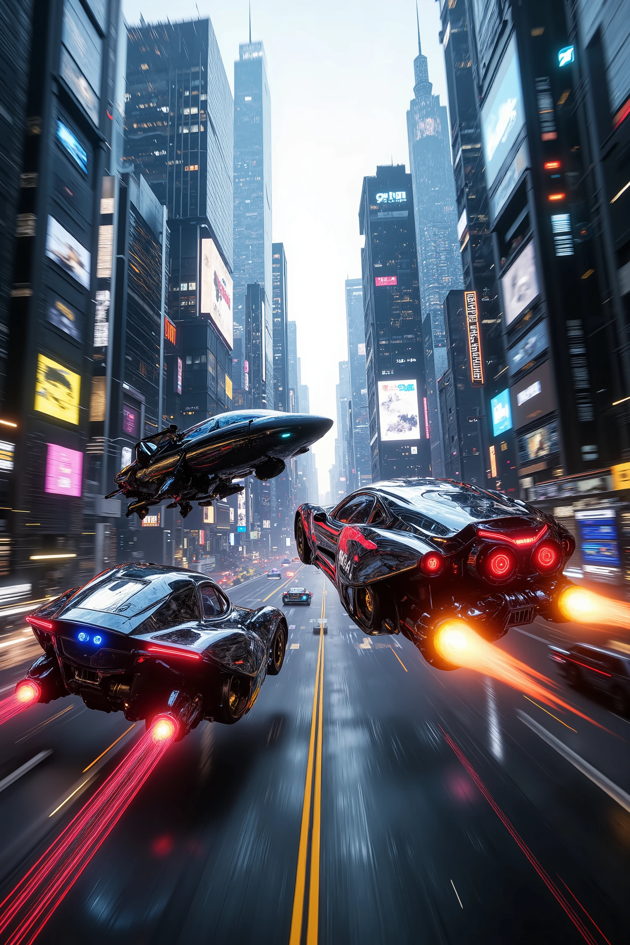 (best quality,4k,8k,highres,masterpiece:1.2), photorealistic,photo-realistic:1.37),highly detailed, futuristic metropolis. Super high skyscrapers with media screens covering the structures instead of windows. 2 hover vehicles, one super reflective black, and one bright glossy red and silver flying high and low leave trails of color and light behind as they chase each other under a crystal clear blue sky. The black car suddenly opens fire on the other. Automatic gunfire riddles the red and silver car with bullets. 3D, realism,speed lines, motion lines, cinematic photography, cinematic lighting, cinematic portrait, portrait photography, cinematography, full focus, UHDR, hyperrealistic, visually disorienting, portrait photography, surrealism, etheral, cyberpunk cityscape, futurism, highest quality, masterpiece.