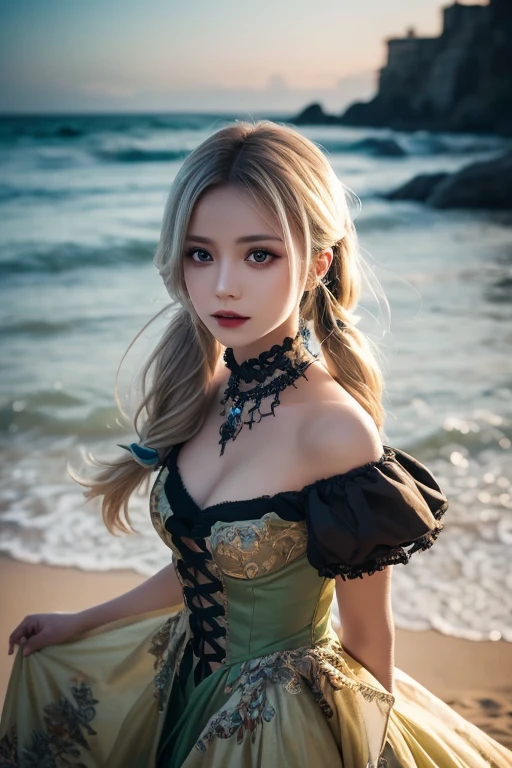 ( 1 girl),gothic,faceup, twin tails,White Hair, ,Gorgeous and elaborate clothes,gothic, flying, green, ( colorful ), Bold, Gradient Blend, motion blur , Sparkling Textures , dynamic composition, atmospheric perspective , impressionistic , , (masterpiece), ( top quality ), amazing on the beach, ( beautiful detailed eyes), ( detailed depiction ), depth of field , Highly detailed CG, original , Extremely High Definition Wallpaper , ( brightly colored ), cinematic lighting, ( colorful ), ,