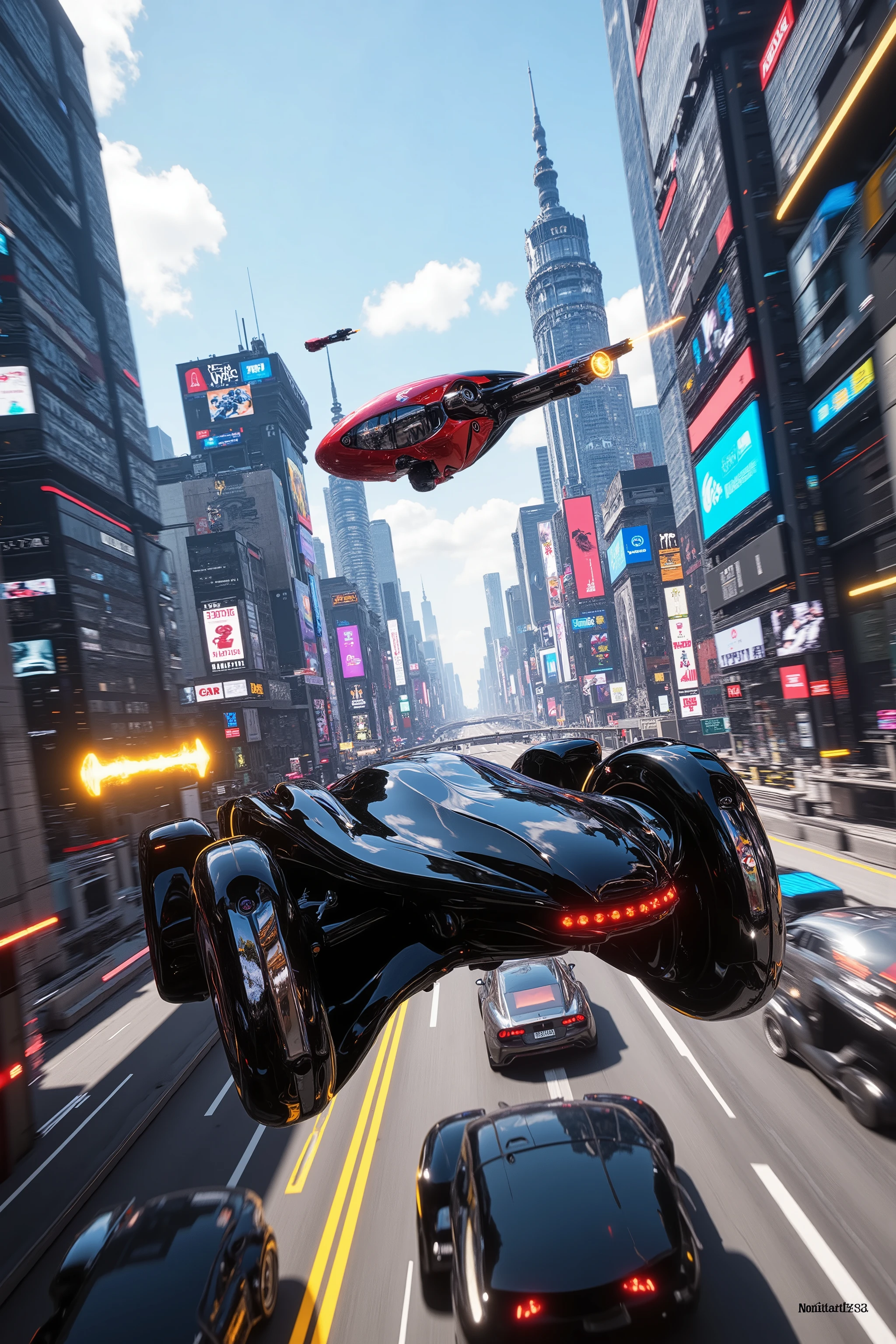 (best quality,4k,8k,highres,masterpiece:1.2), photorealistic,photo-realistic:1.37),highly detailed, futuristic metropolis. Super high skyscrapers with media screens covering the structures instead of windows. 2 hover vehicles, one super reflective black, and one bright glossy red and silver flying high and low leave trails of color and light behind as they chase each other under a crystal clear blue sky. The black car suddenly opens fire on the other. Automatic gunfire riddles the red and silver car with bullets. 3D, realism,speed lines, motion lines, cinematic photography, cinematic lighting, cinematic portrait, portrait photography, cinematography, full focus, UHDR, hyperrealistic, visually disorienting, portrait photography, surrealism, etheral, cyberpunk cityscape, futurism, highest quality, masterpiece.