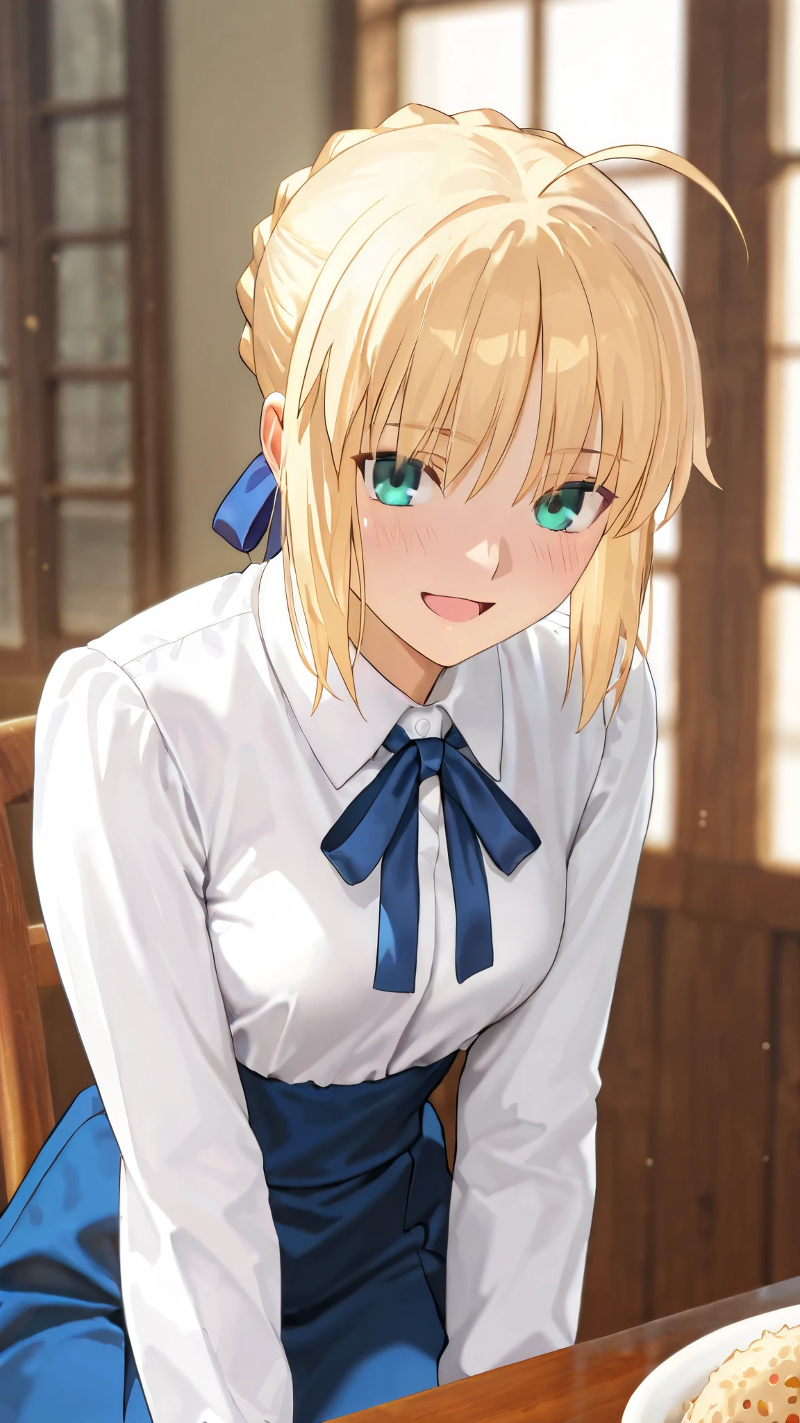 {{{masterpiece}}}, {{{best quality}}}, {{ultra-detailed}}, {illustration}, {{an extremely delicate and beautiful}}beauty,portrait, blushing masterpiece, best quality, amazing quality, very aesthetic, high resolution, ultra-detailed, absurdres, newest, scenery, cute, {Prompt}, BREAK, depth of field, photorealistic, masterpiece, best quality, amazing quality, volumetric lighting 1girl artoria pendragon, artoria pendragon \(fate\), saber, blonde hair, green eyes, ahoge, small breasts,neck ribbon, blue ribbon, white shirt, collared shirt, long sleeves, blue skirt, high-waist skirt, long skirt, black pantyhose best quality real texture skin openmouth smile , standing, cowboy shot large serving of fried rice kitchen table chair sitting
