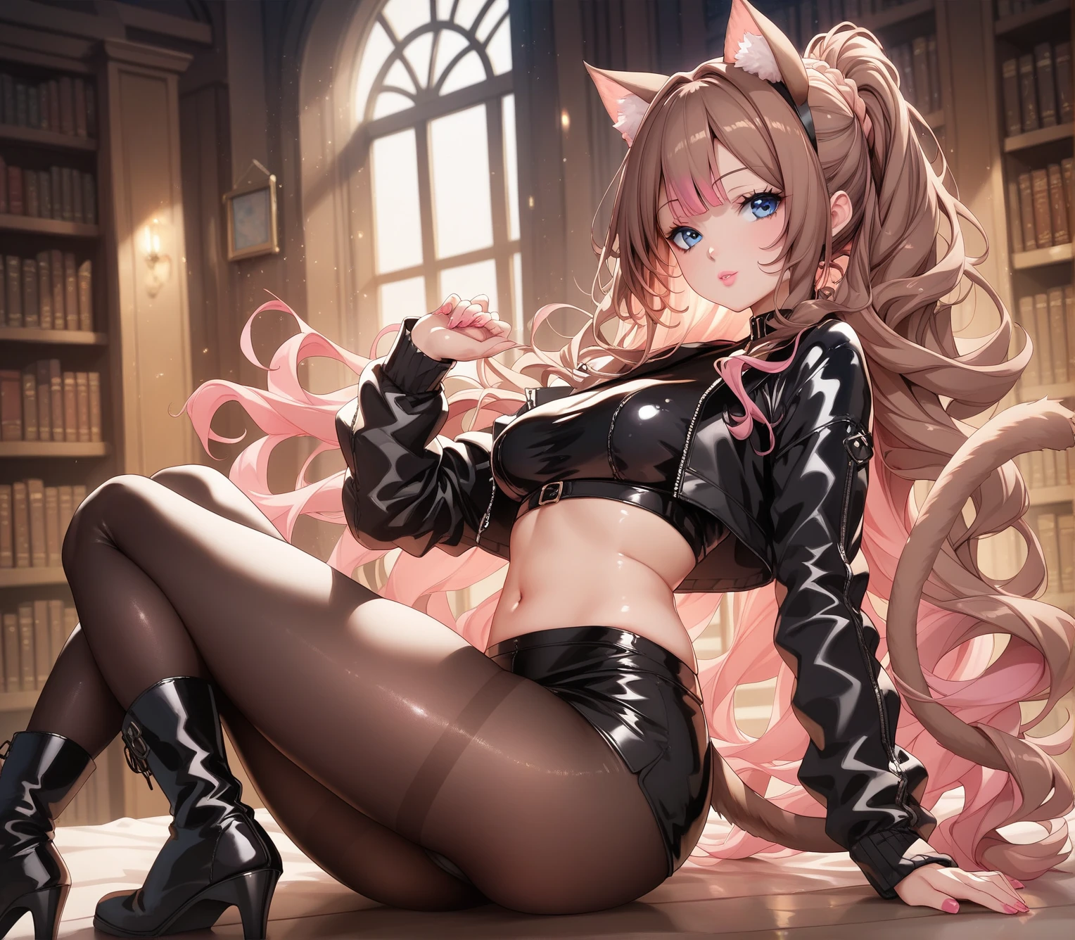 (masterpiece:1.5), (photorealist), (bestquality), (highlydetailed), (ultra-detailed), (1girl:1.2), ((solo girl)), ((full body is shown)), ((sexy and slim hourglass figure)), ((ginormous breasts)), (coral hair), ((pink fox ears)), ((pink hair highlights)), ((long spacebun hair)), (wavy hair), (shiny hair), ((she is wearing a tight and sexy formal attire)), ((she is wearing fitted pencil skirt)), ((school background)), ((she is wearing glasses)), ((she has black tights under her skirt)), ((she is holding a ruler on one hand)), ((the perspective is from below)), ((she has a smug look on her face))
