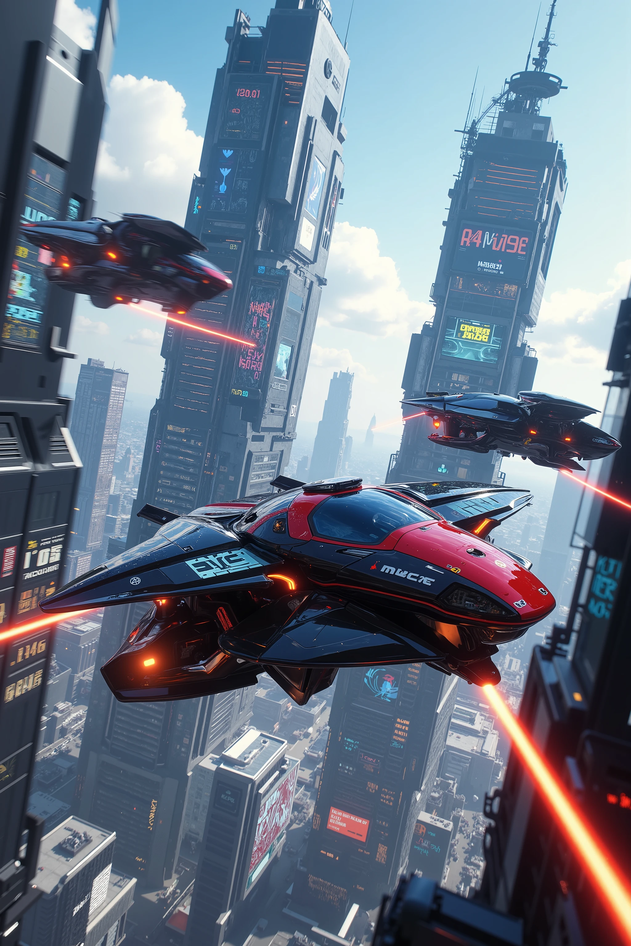 (best quality,4k,8k,highres,masterpiece:1.2), photorealistic,photo-realistic:1.37),highly detailed, futuristic metropolis. Super high skyscrapers with media screens covering the structures instead of windows. 2 hover vehicles, one super reflective black, and one bright glossy red and silver flying high and low leave trails of color and light behind as they chase each other under a crystal clear blue sky. The black car suddenly opens fire on the other. Automatic gunfire riddles the red and silver car with bullets. 3D, realism,speed lines, motion lines, cinematic photography, cinematic lighting, cinematic portrait, portrait photography, cinematography, full focus, UHDR, hyperrealistic, visually disorienting, portrait photography, surrealism, etheral, cyberpunk cityscape, futurism, highest quality, masterpiece.