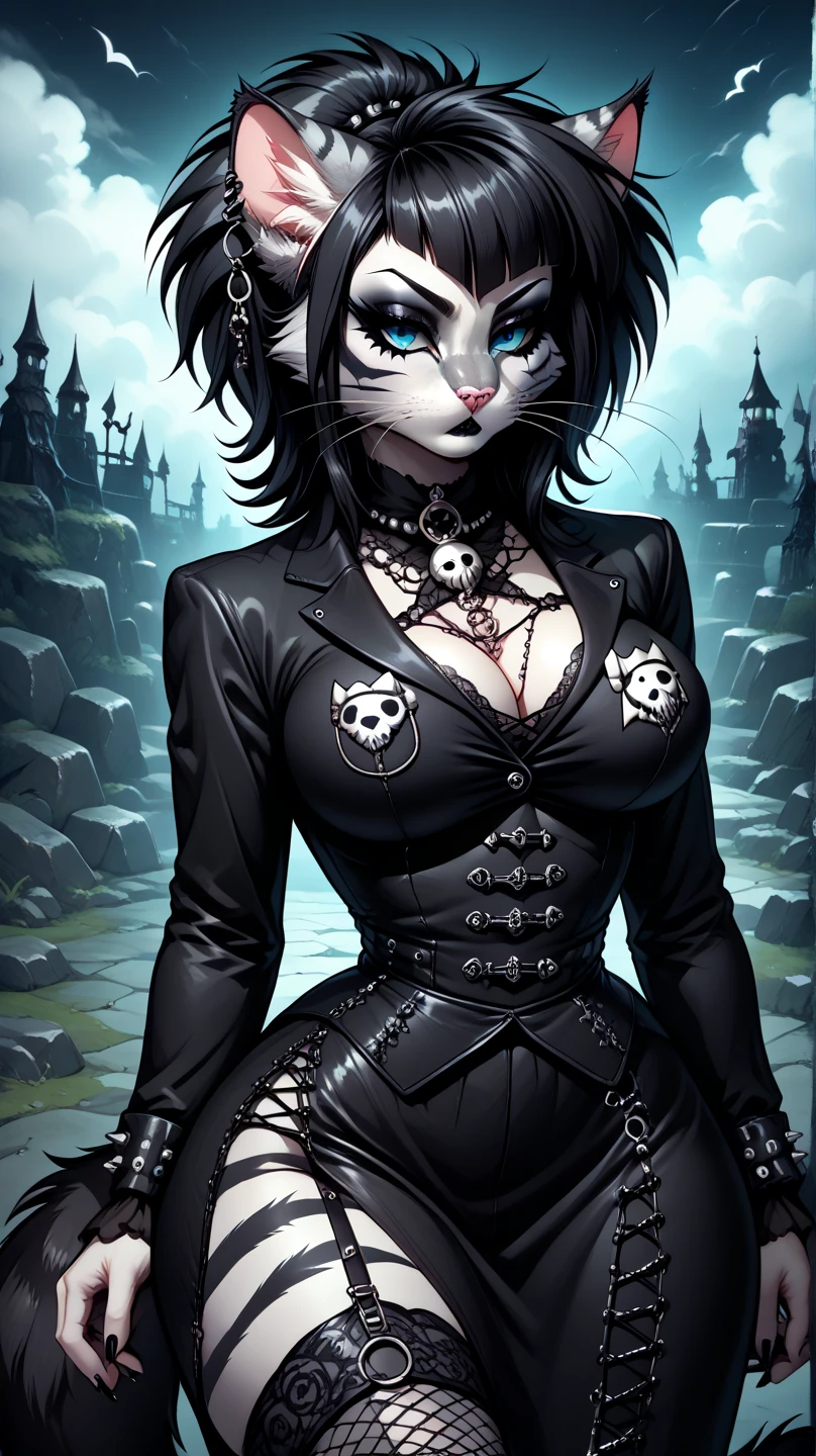 (furry goth girl), busty, wide hips, furry chest, naked, (Focus on detailed furry raccoon face and eyes), spiked collar, dominatrix cosplay, ear piercings