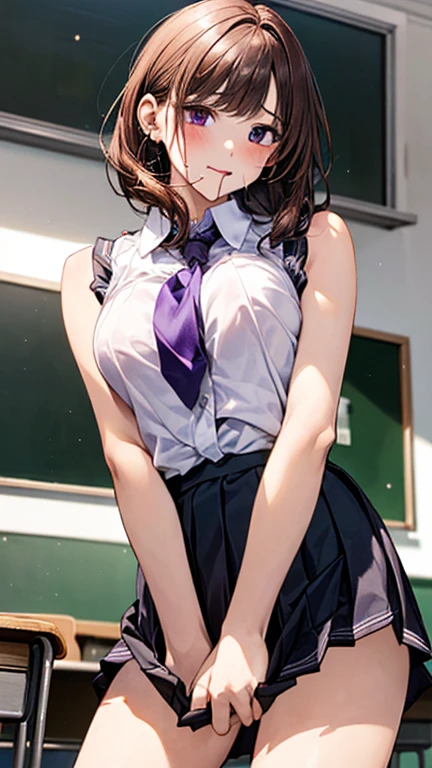 1girl, cowboy shot, classroom, 
komi_shouko, black eyes, black hair, long hair, , red bowtie, jacket, blazer, long sleeves, striped, pleated skirt, red skirt, black pantyhose,  best quality, masterpiece, highres, nude busty breasts , nipples showing, cleavage, sexy 